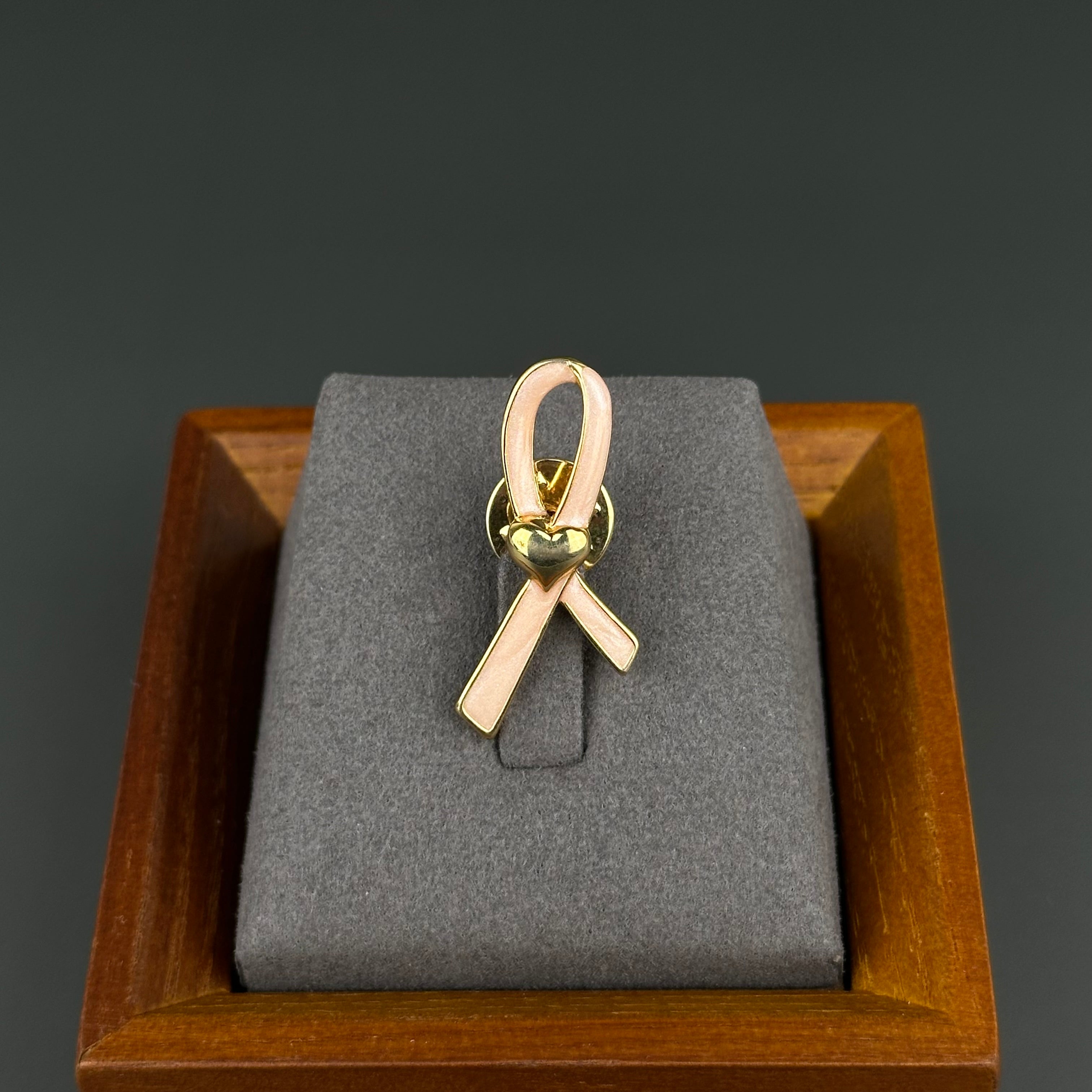 Vintage AVON gold tone and pink enamel ribbon heart lapel pin