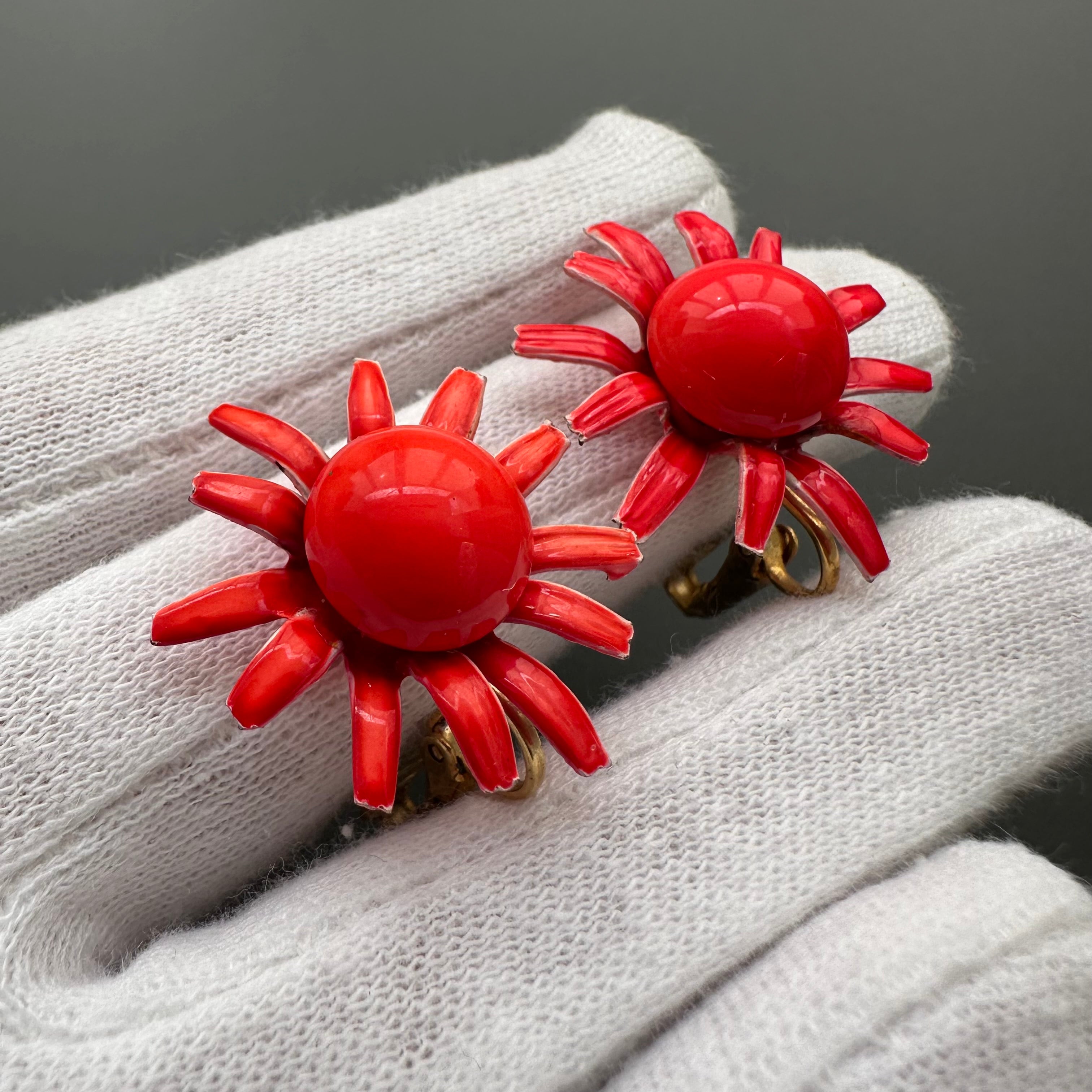 Vintage red enamel flower clip-on earrings