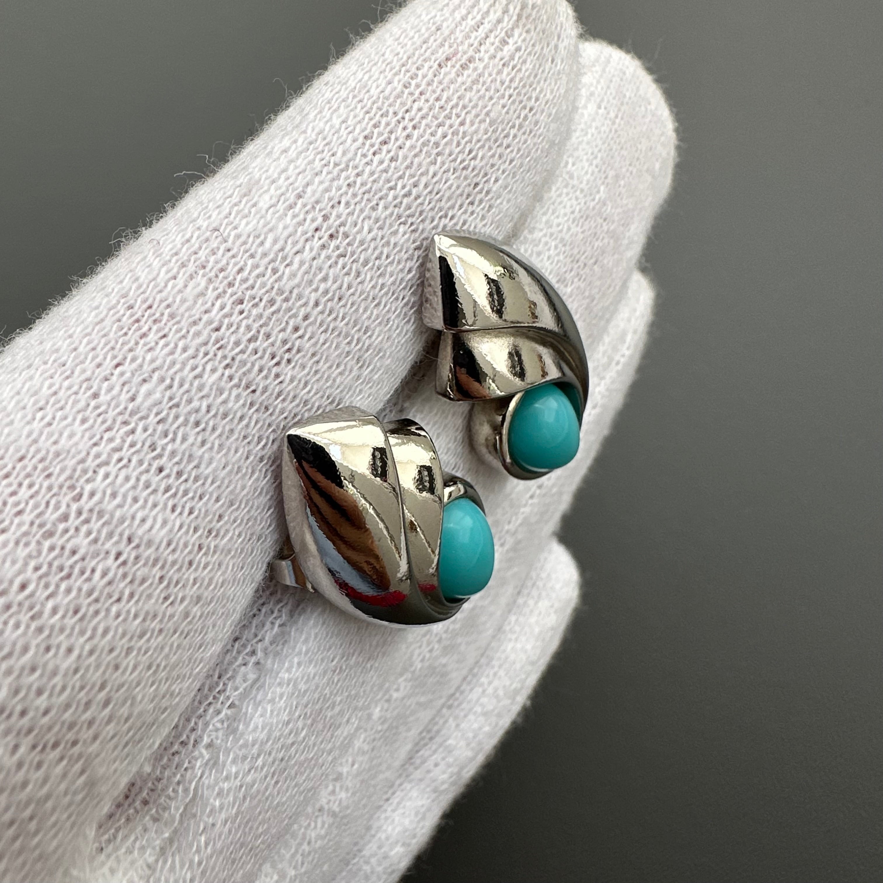 Vintage silver tone and blue сabochons earrings