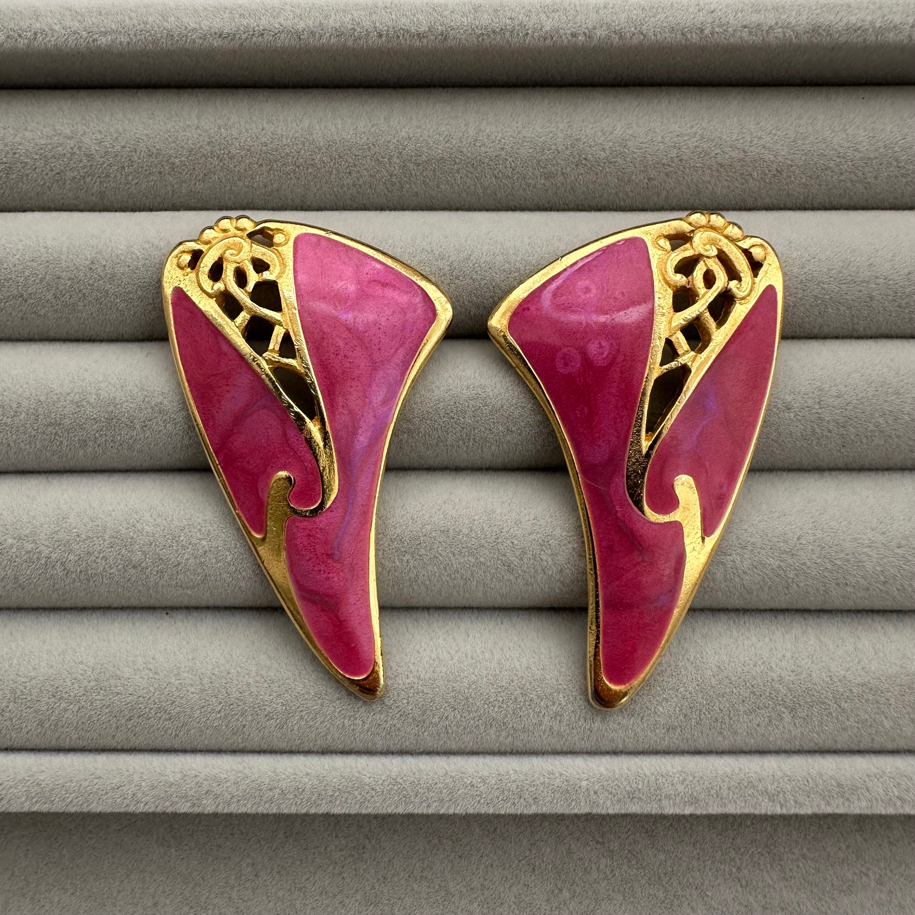 Vintage Berébi gold tone and pink enamel statement earrings