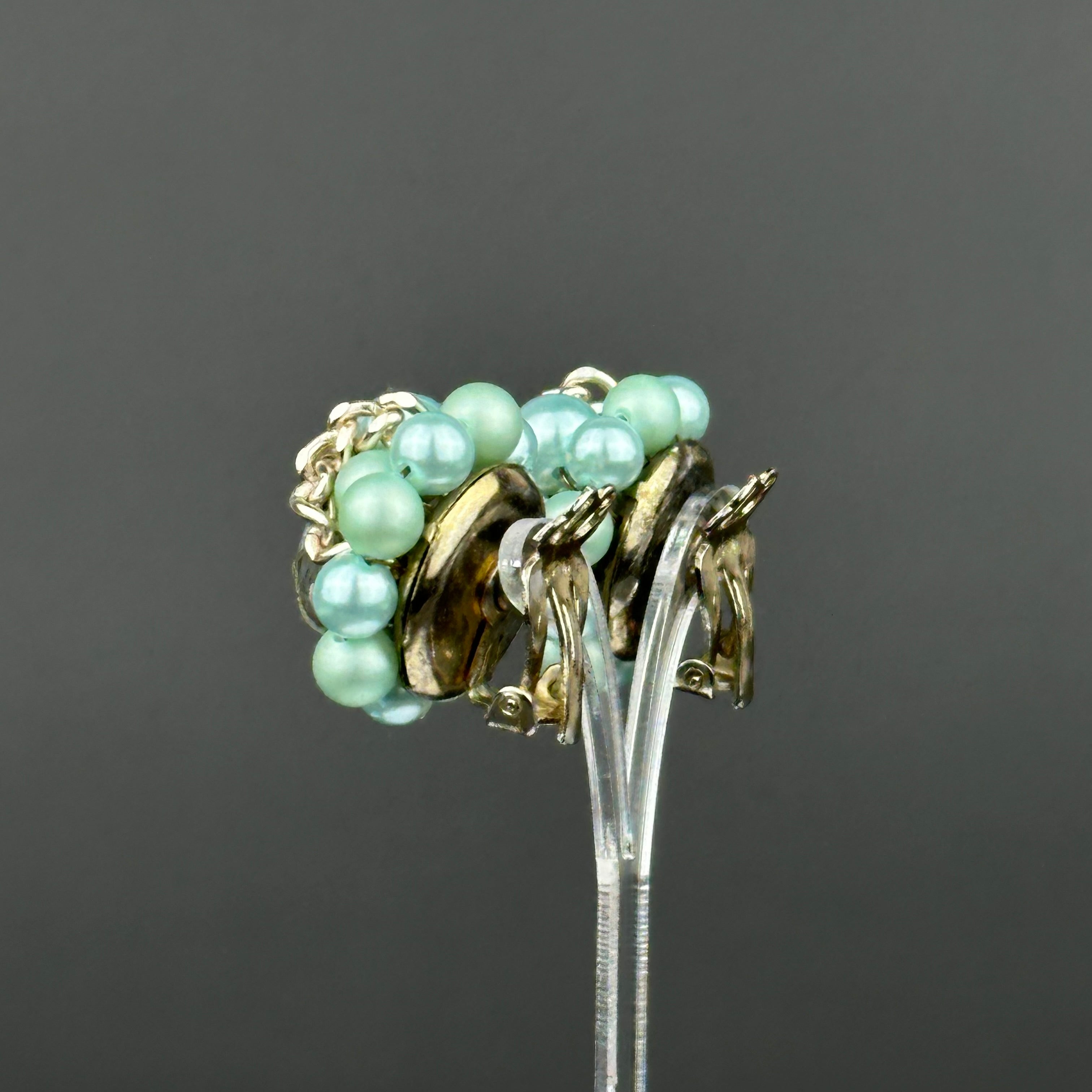 Vintage Japan mint green & gold beaded clip on earrings