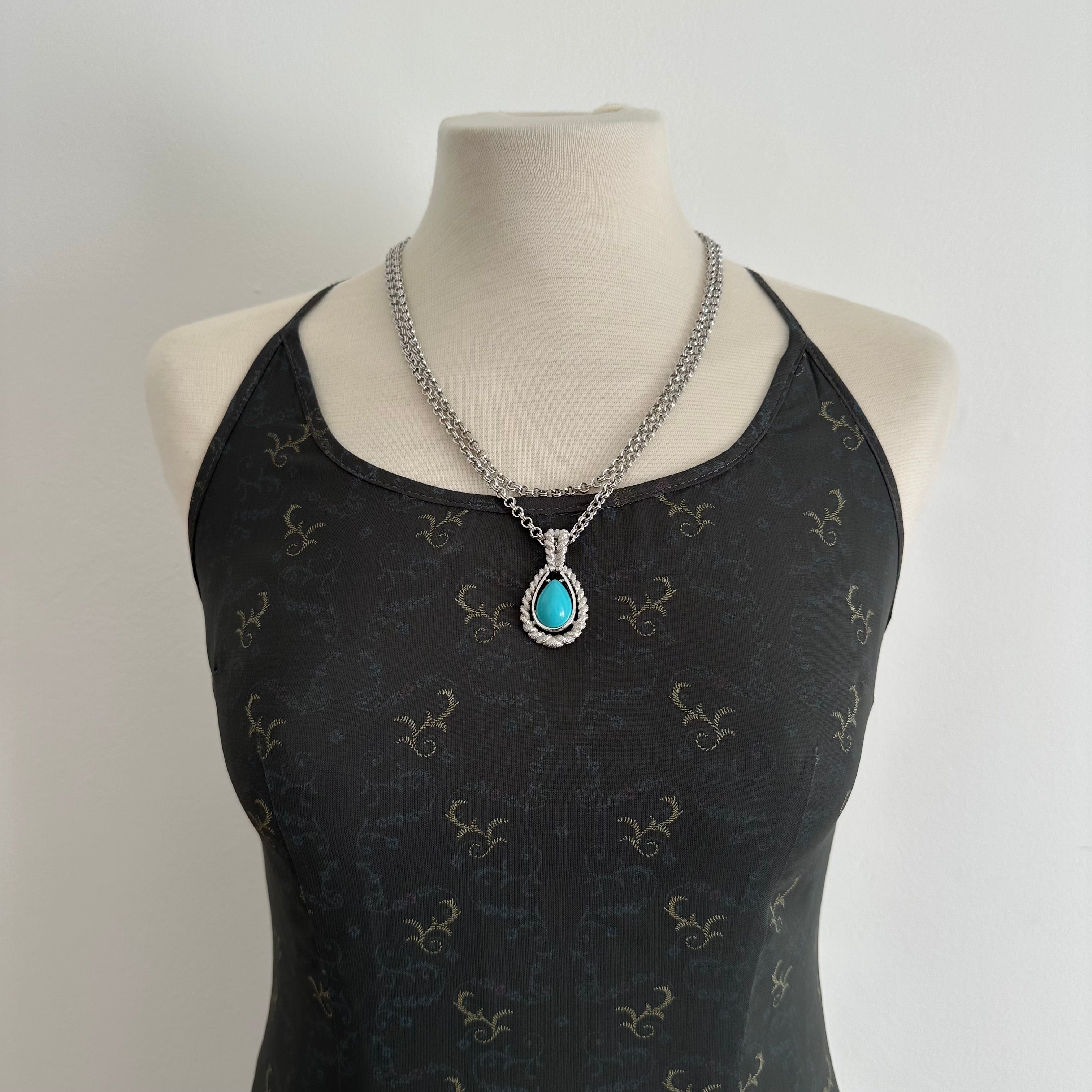 Vintage AVON silver tone double chain necklace with turquoise teardrop pendant