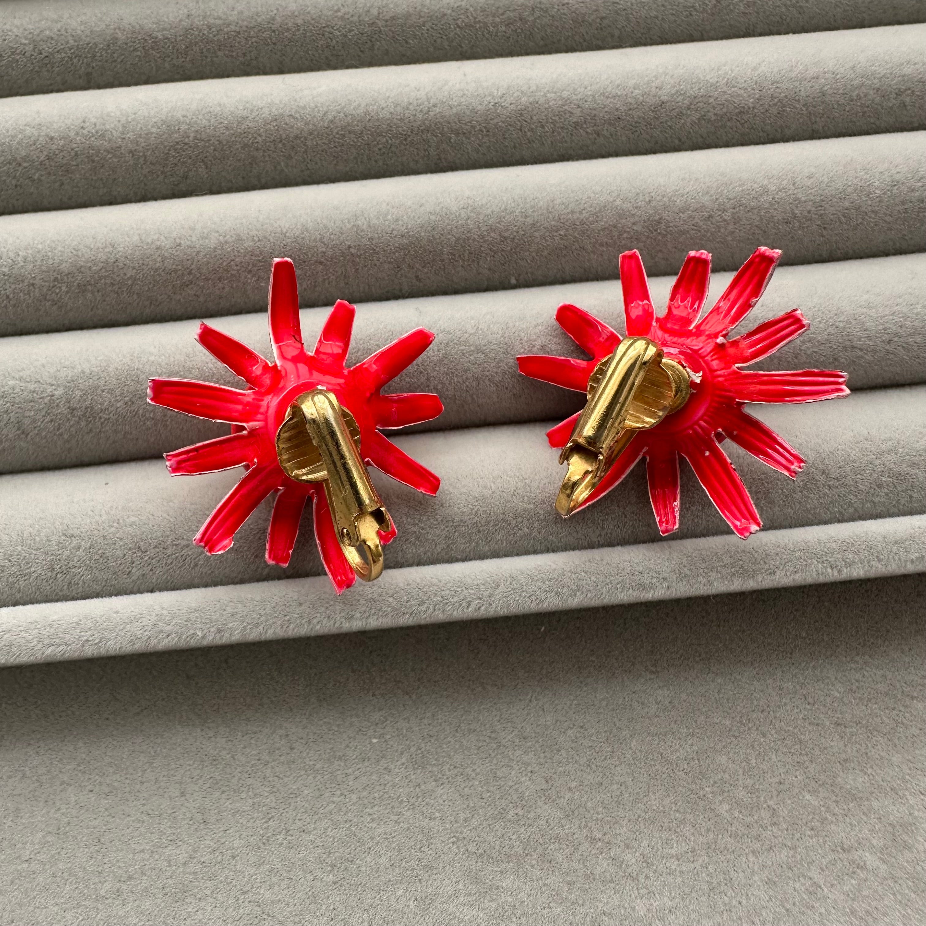 Vintage red enamel flower clip-on earrings