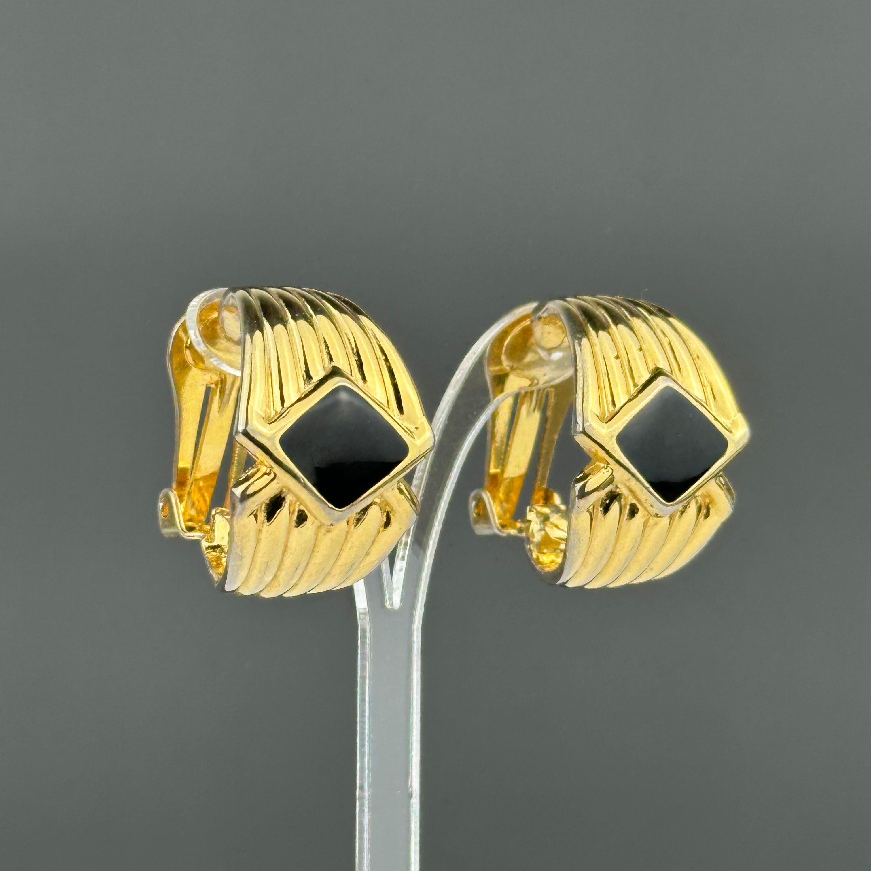 Vintage gold-tone and black textured hoop clip-on earrings