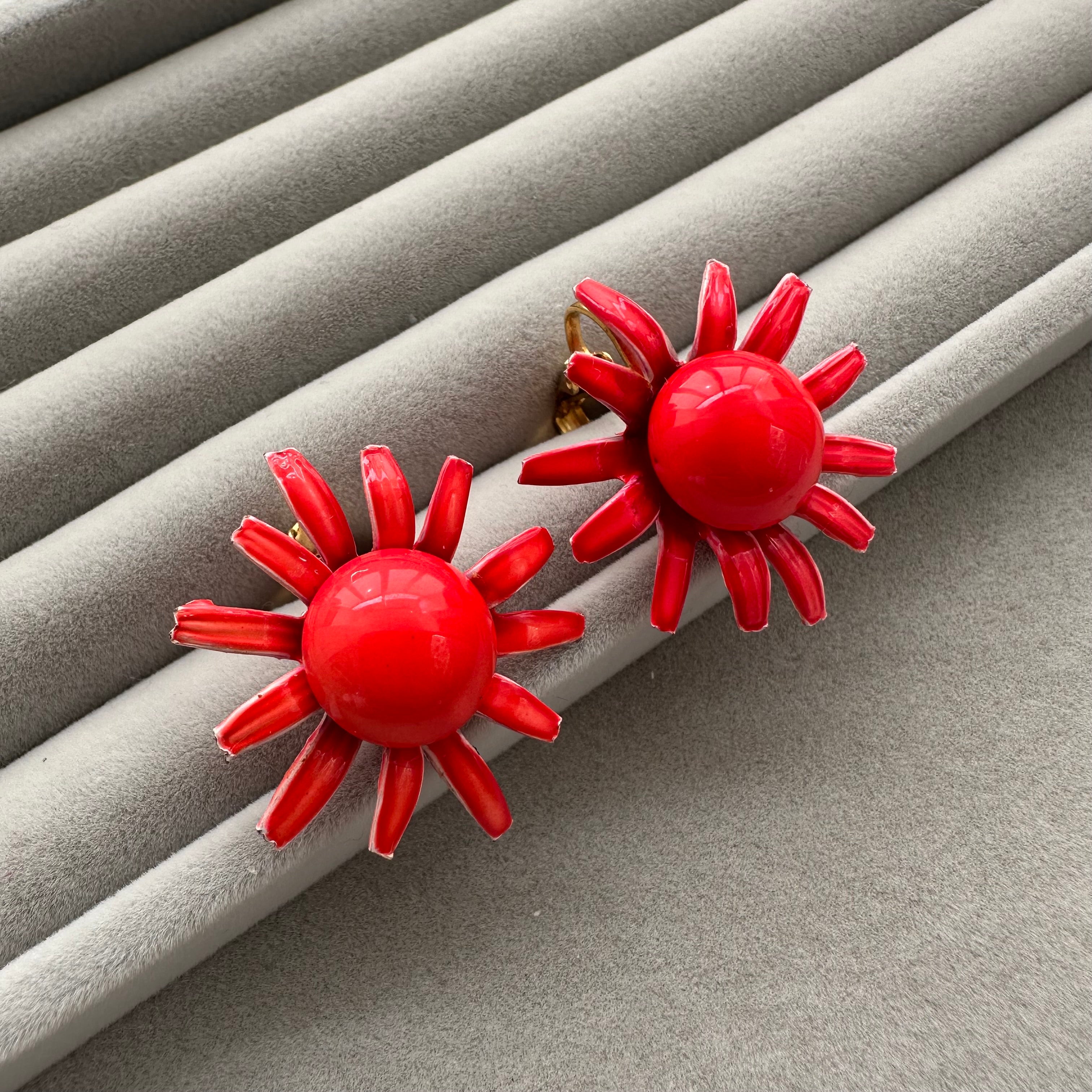 Vintage red enamel flower clip-on earrings