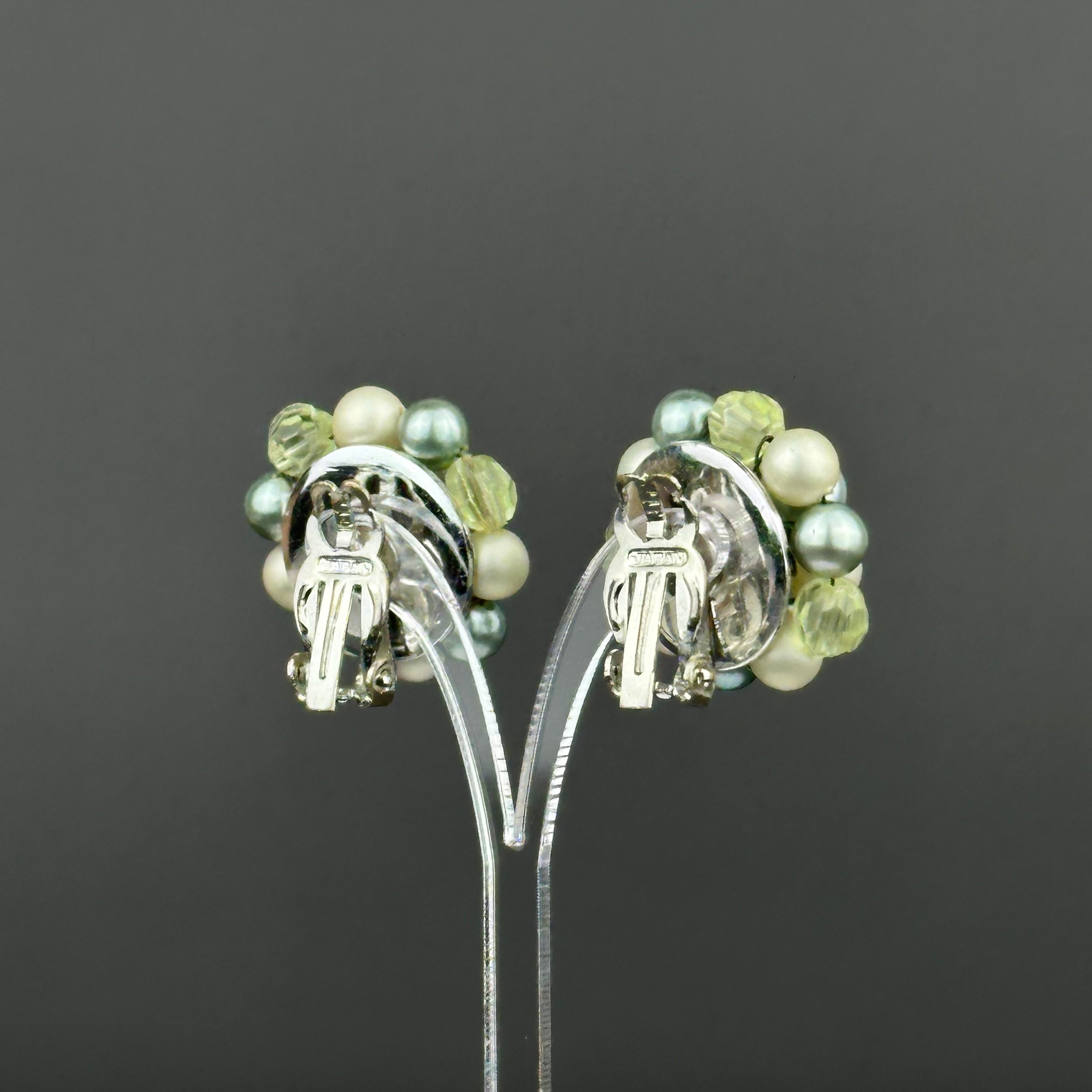 Vintage Japan mint green & light green beaded clip on earrings