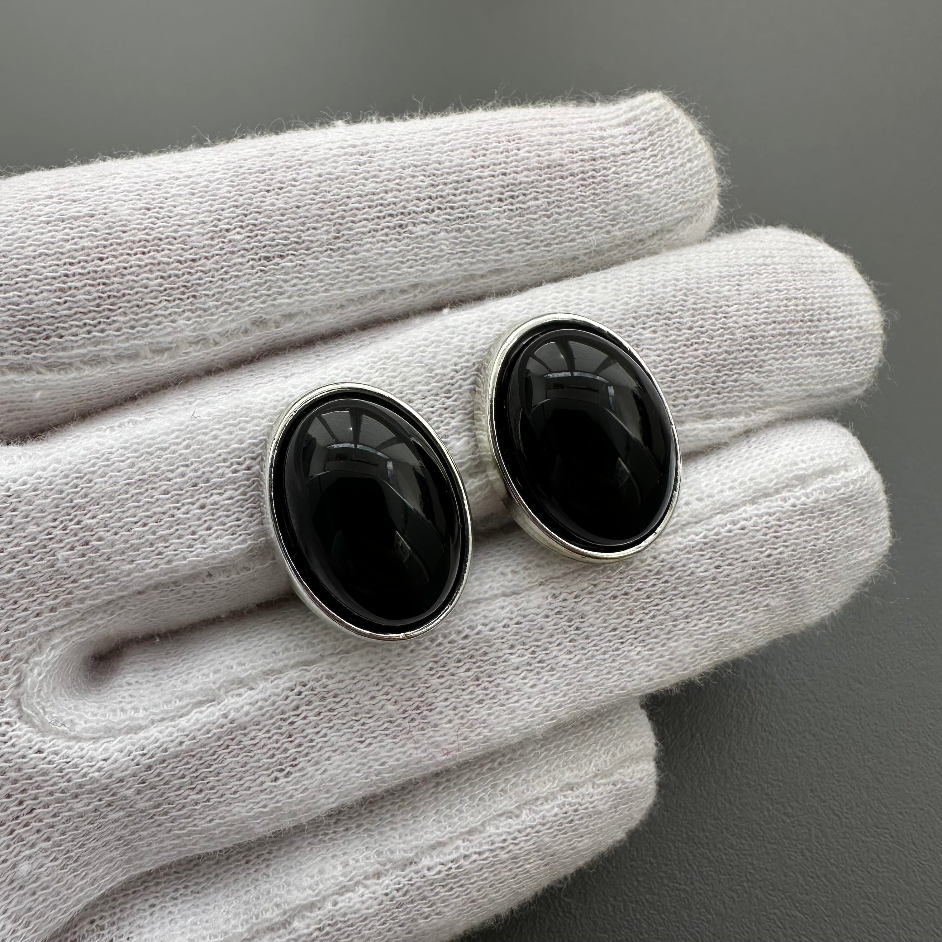 Vintage silver tone and black oval clip on earrings