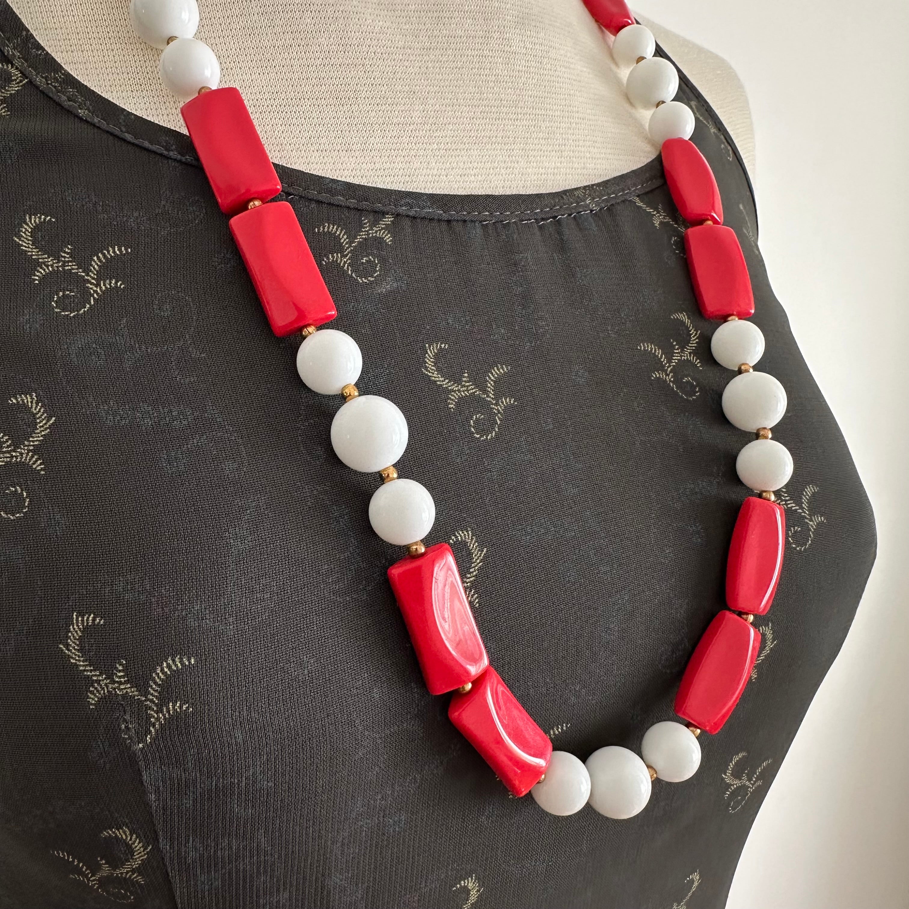 Vintage red and white plastic bead necklace