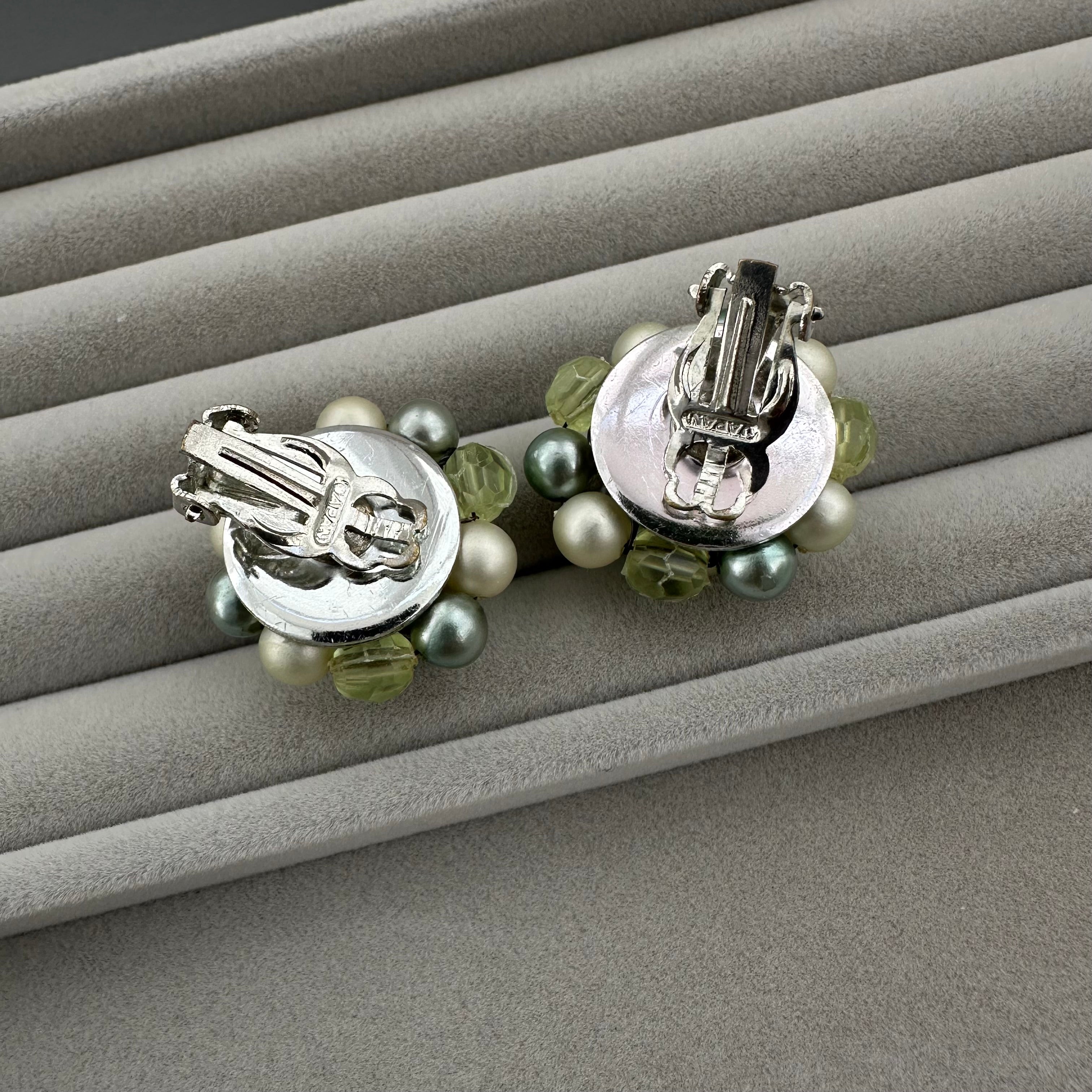 Vintage Japan mint green & light green beaded clip on earrings