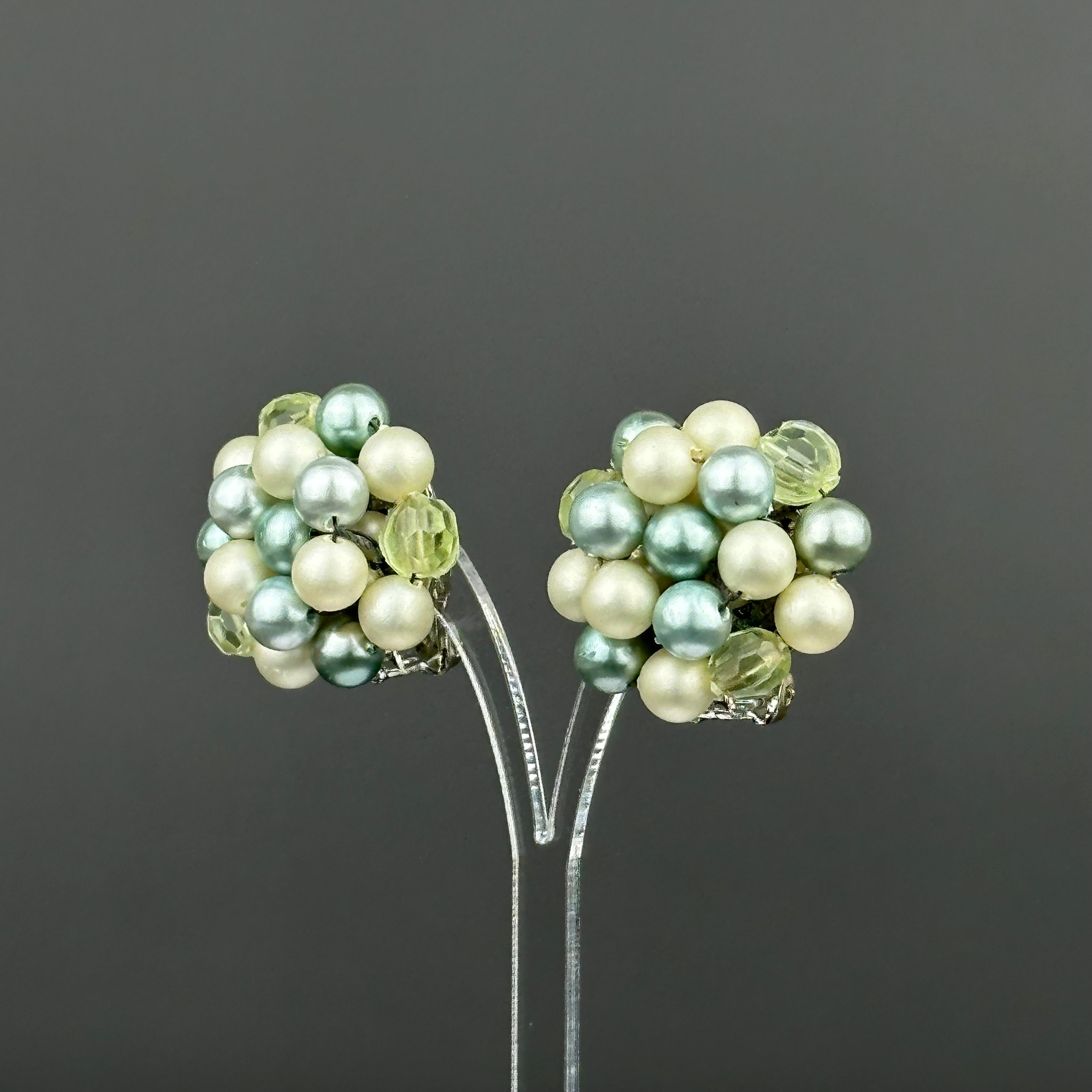 Vintage Japan mint green & light green beaded clip on earrings