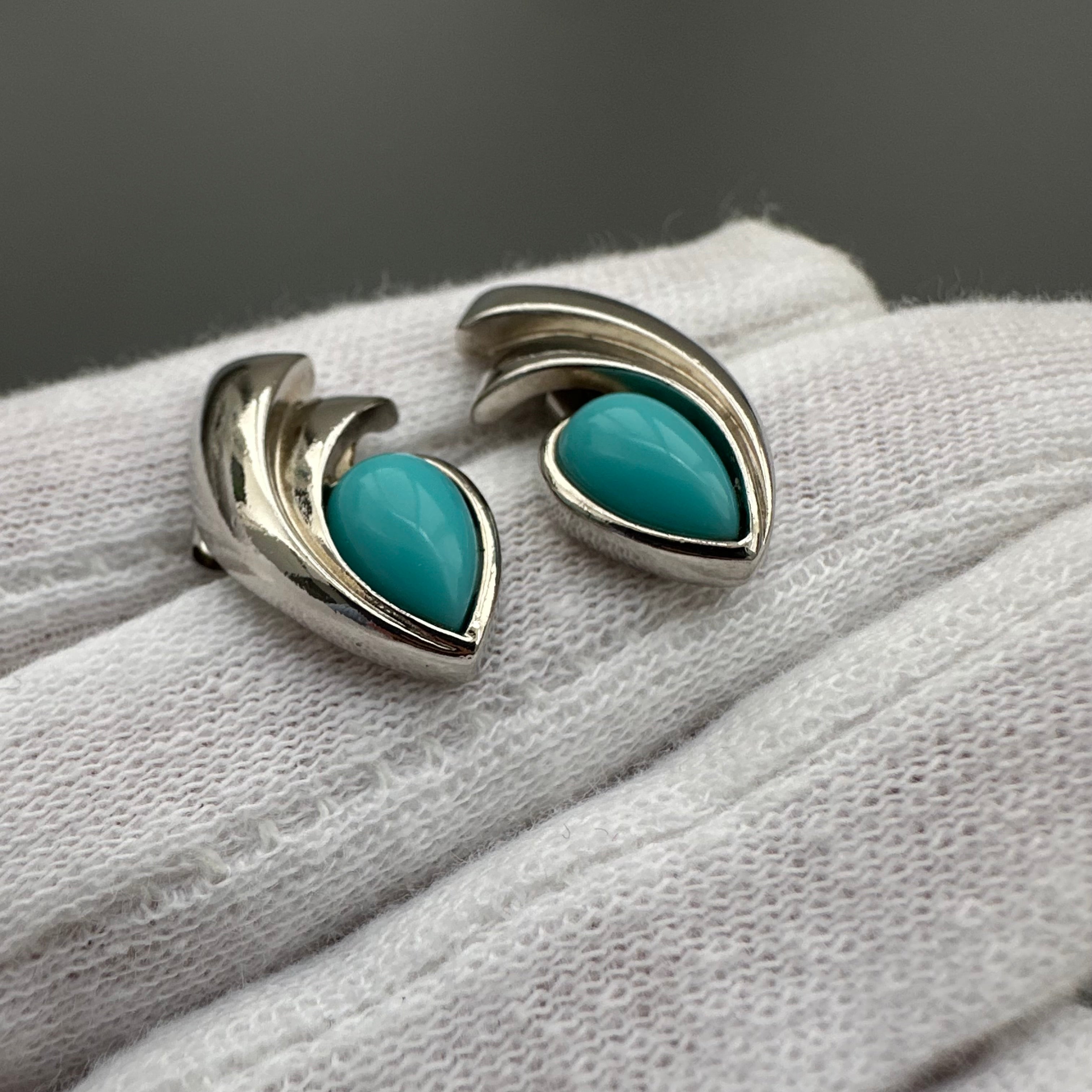 Vintage silver tone and blue сabochons earrings