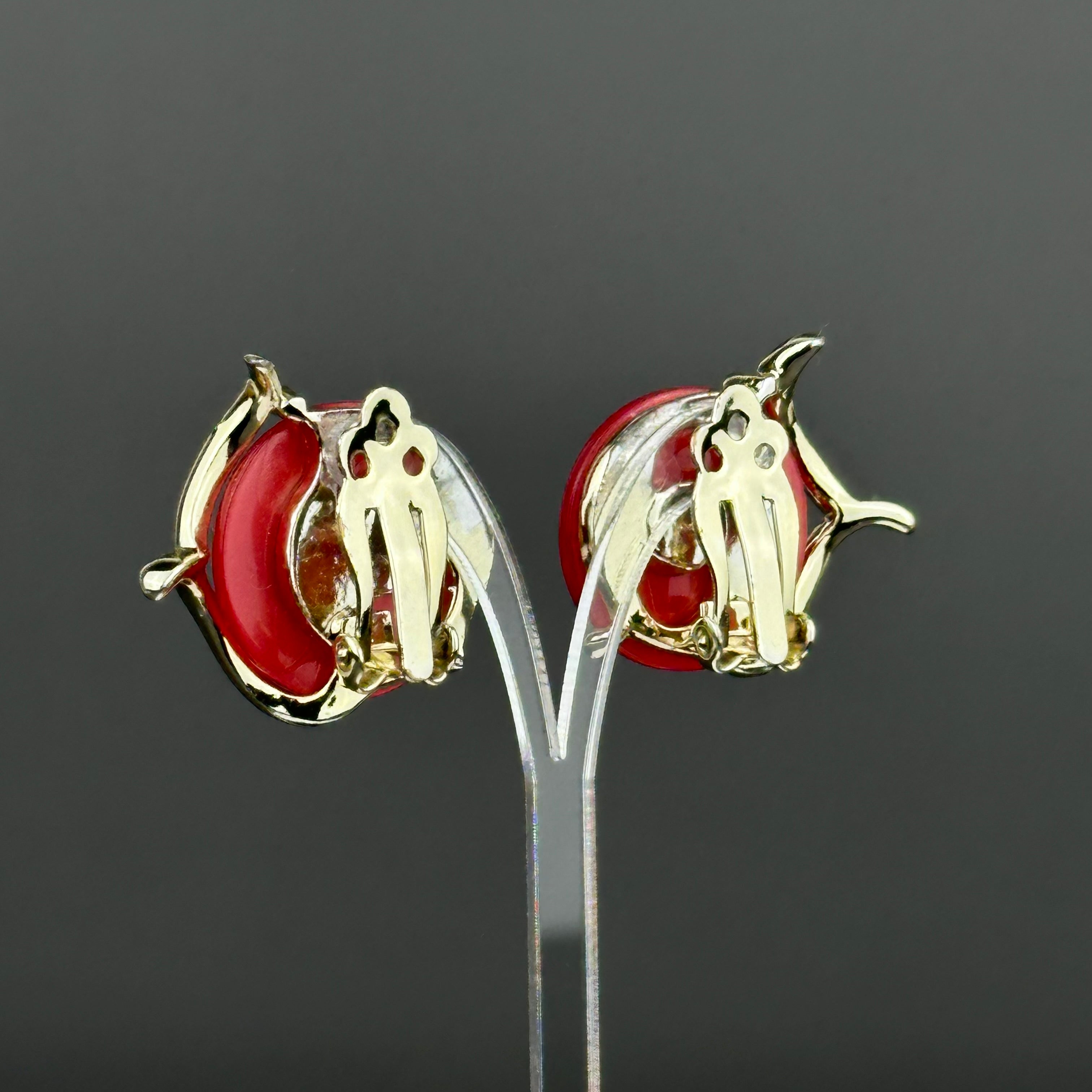 Vintage gold-tone and red lucite clip-on earrings