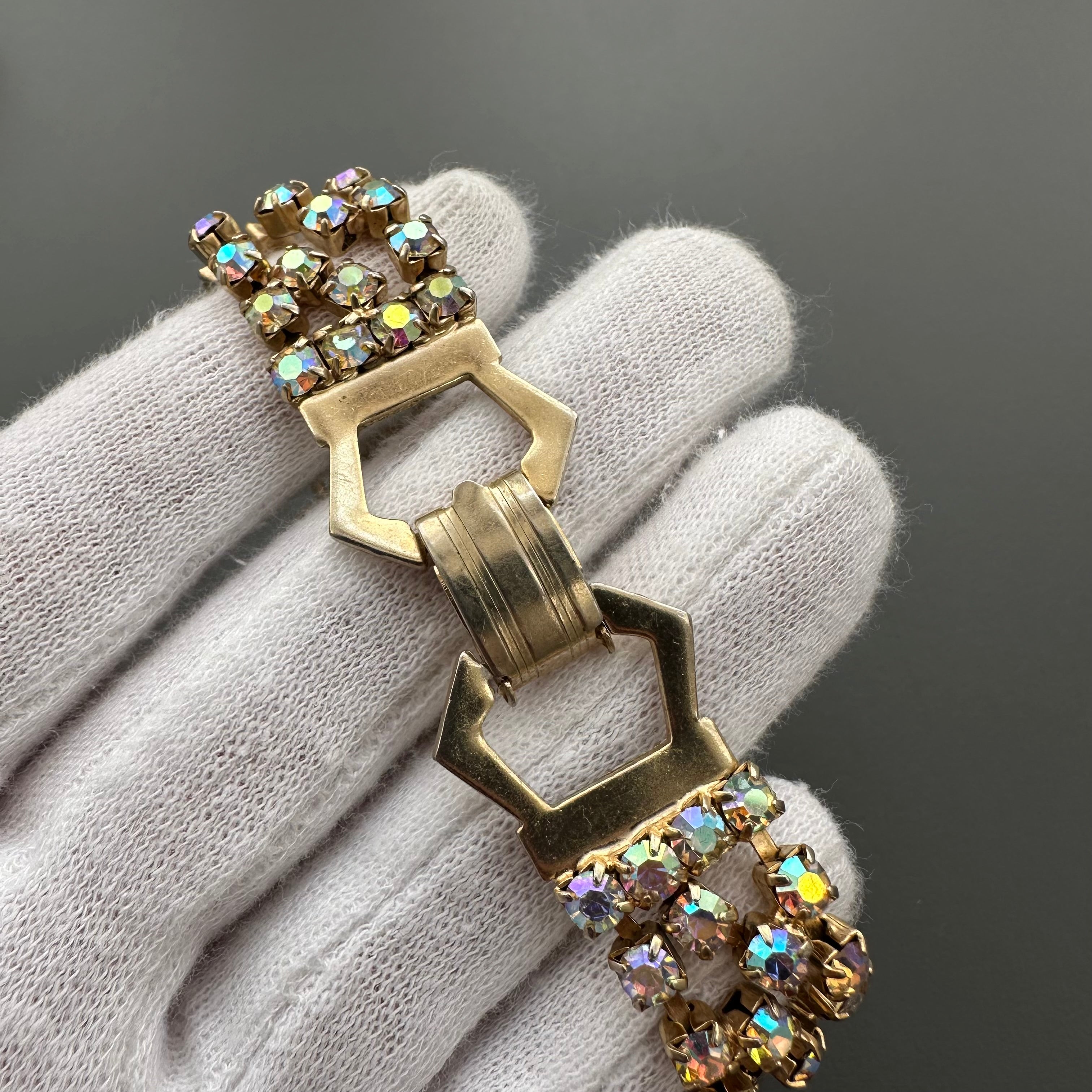 Vintage gold tone and aurora borealis rhinestone bracelet