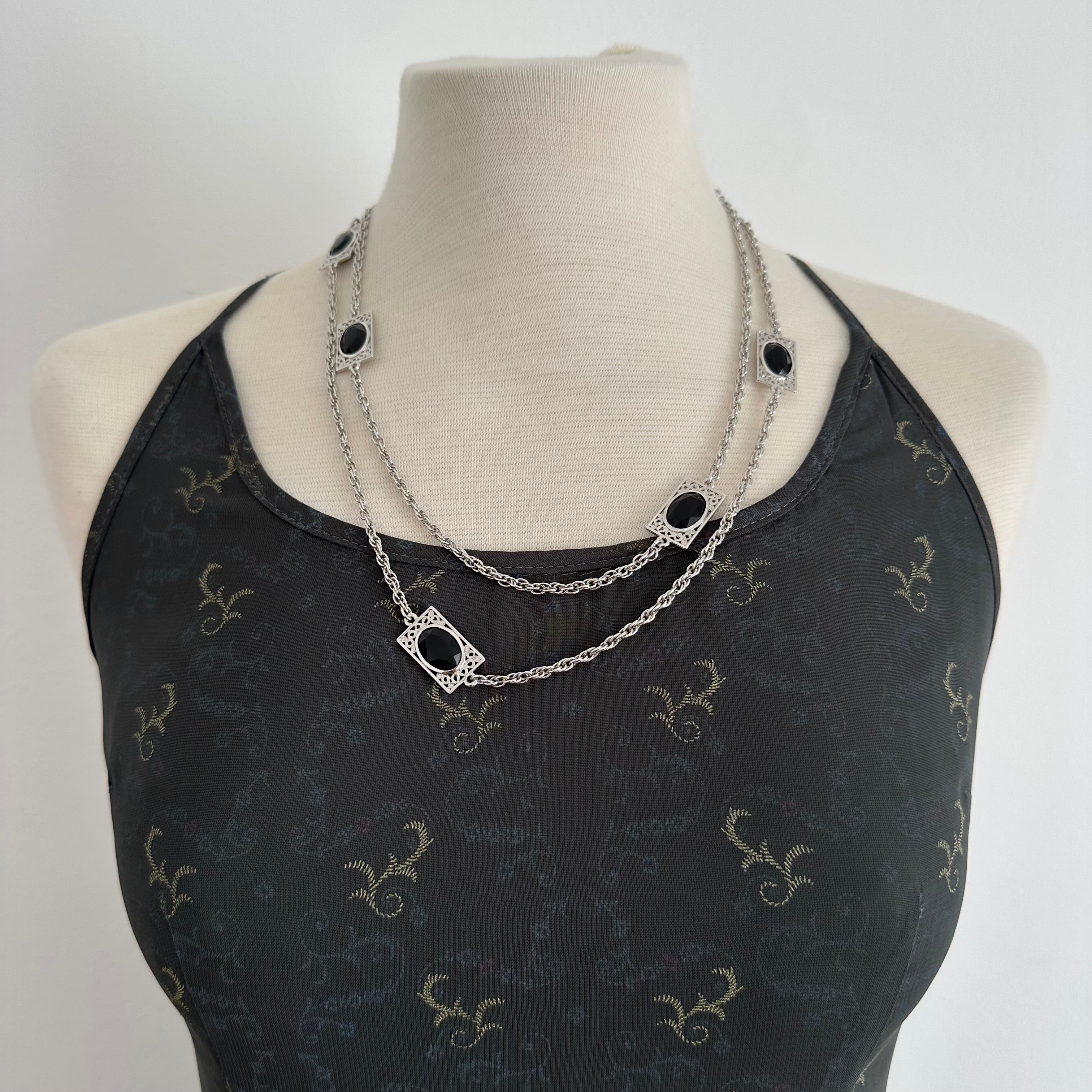 Vintage EMMONS silver tone and black necklace & clip on earrings set