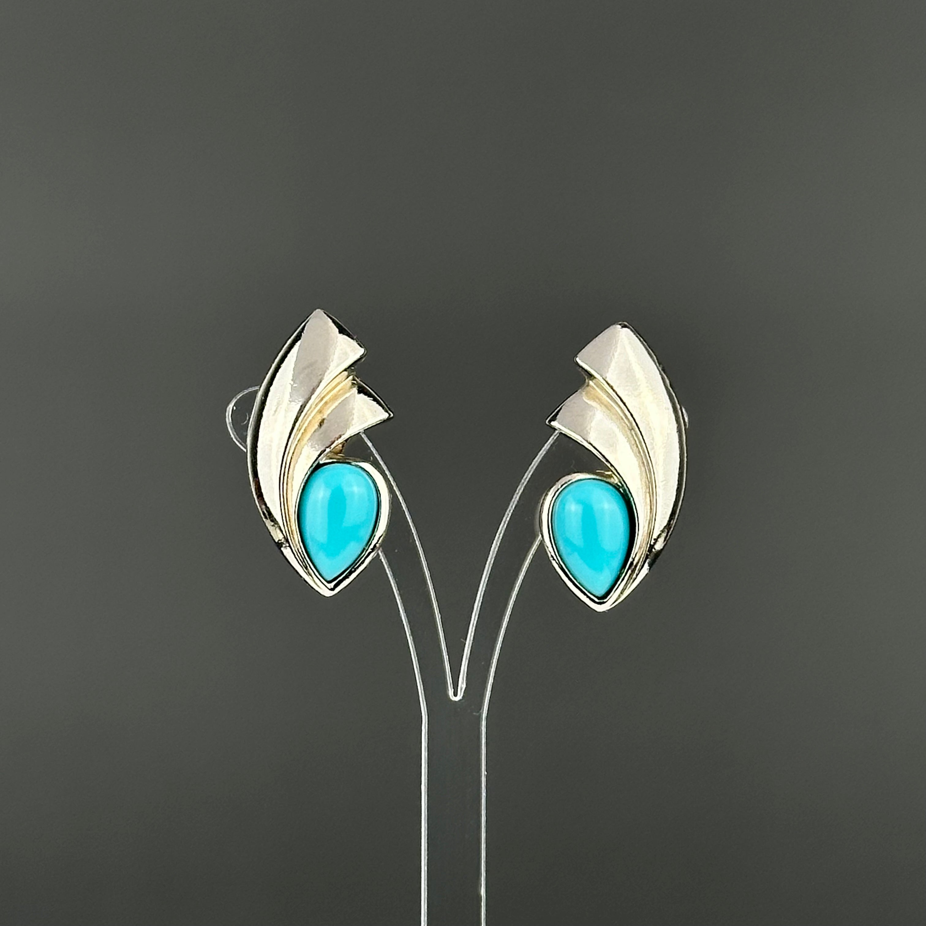 Vintage silver tone and blue сabochons earrings