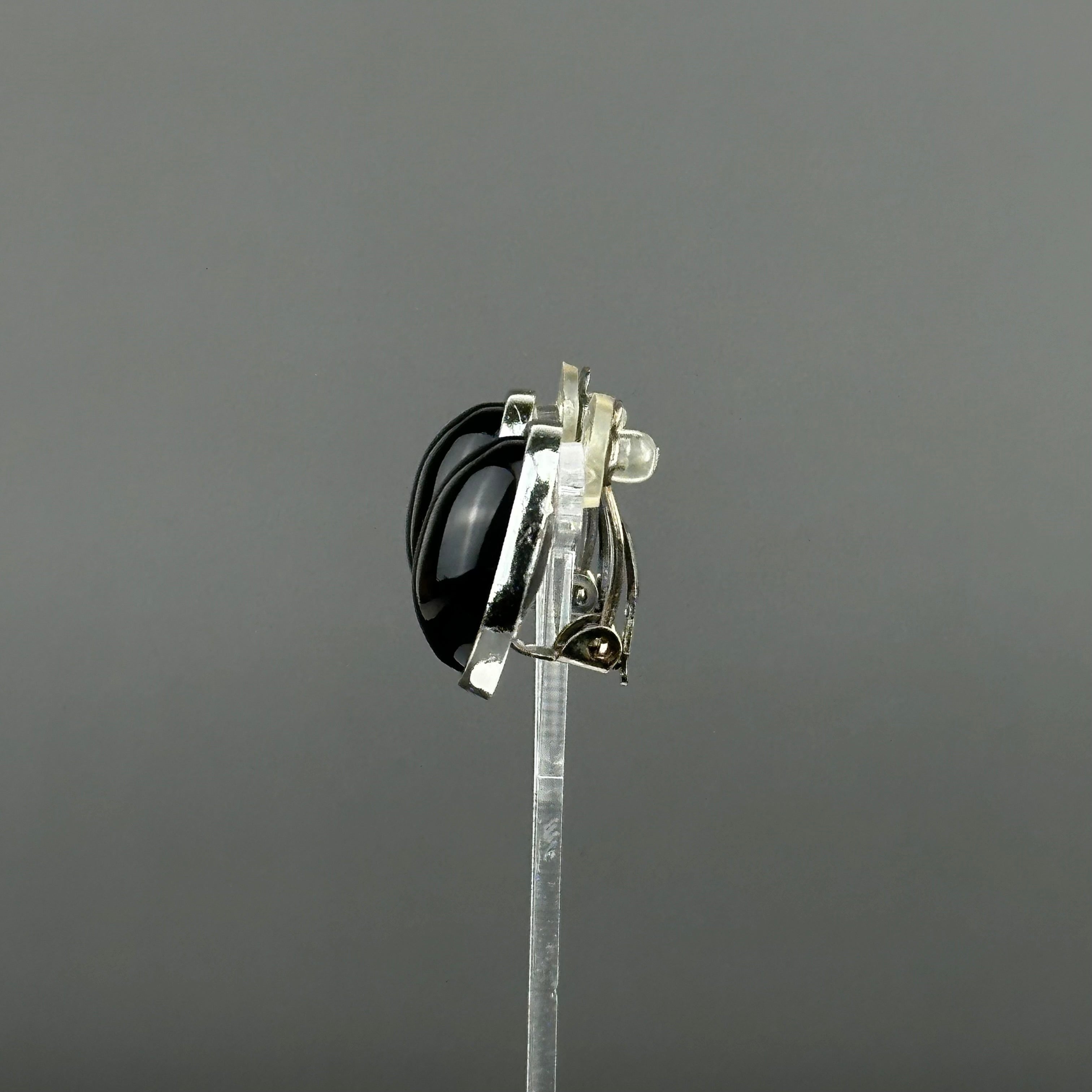 Vintage silver tone and black oval clip on earrings