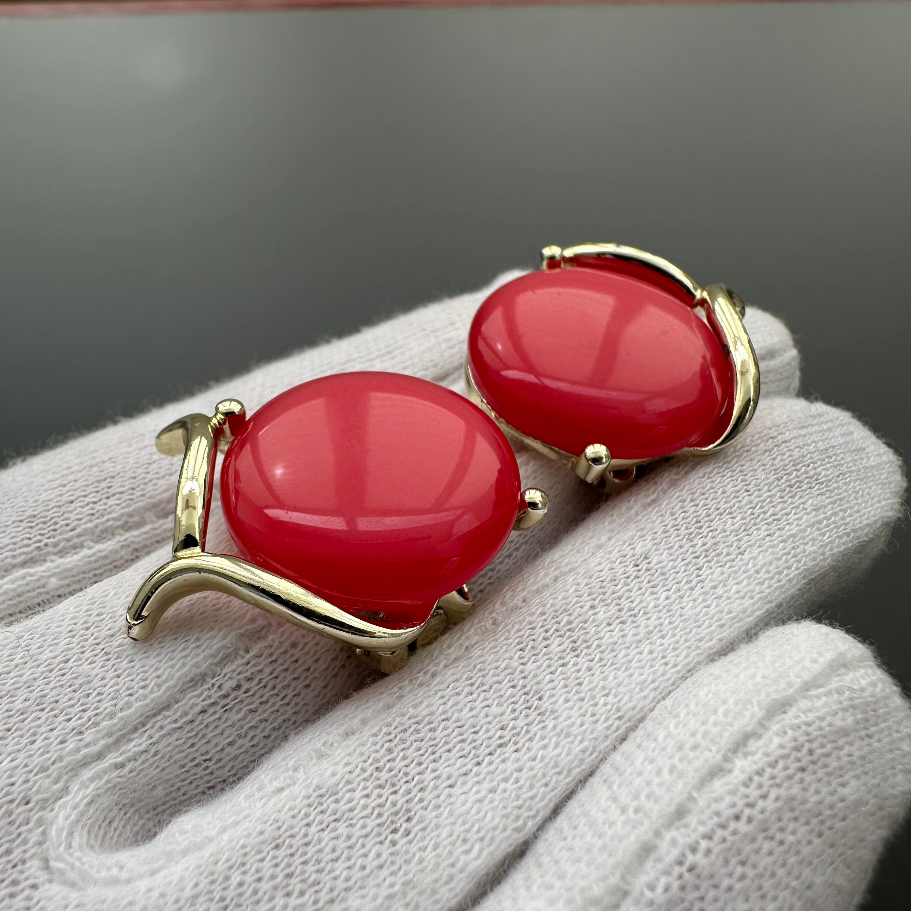 Vintage gold-tone and red lucite clip-on earrings