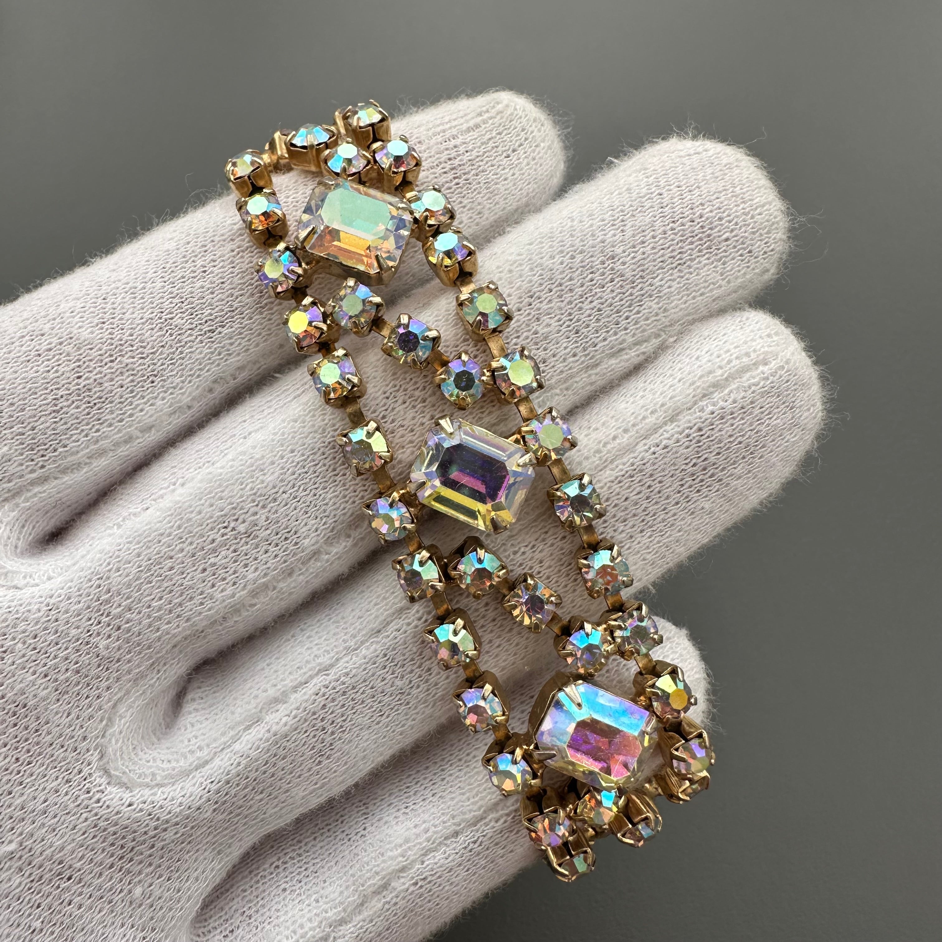 Vintage gold tone and aurora borealis rhinestone bracelet