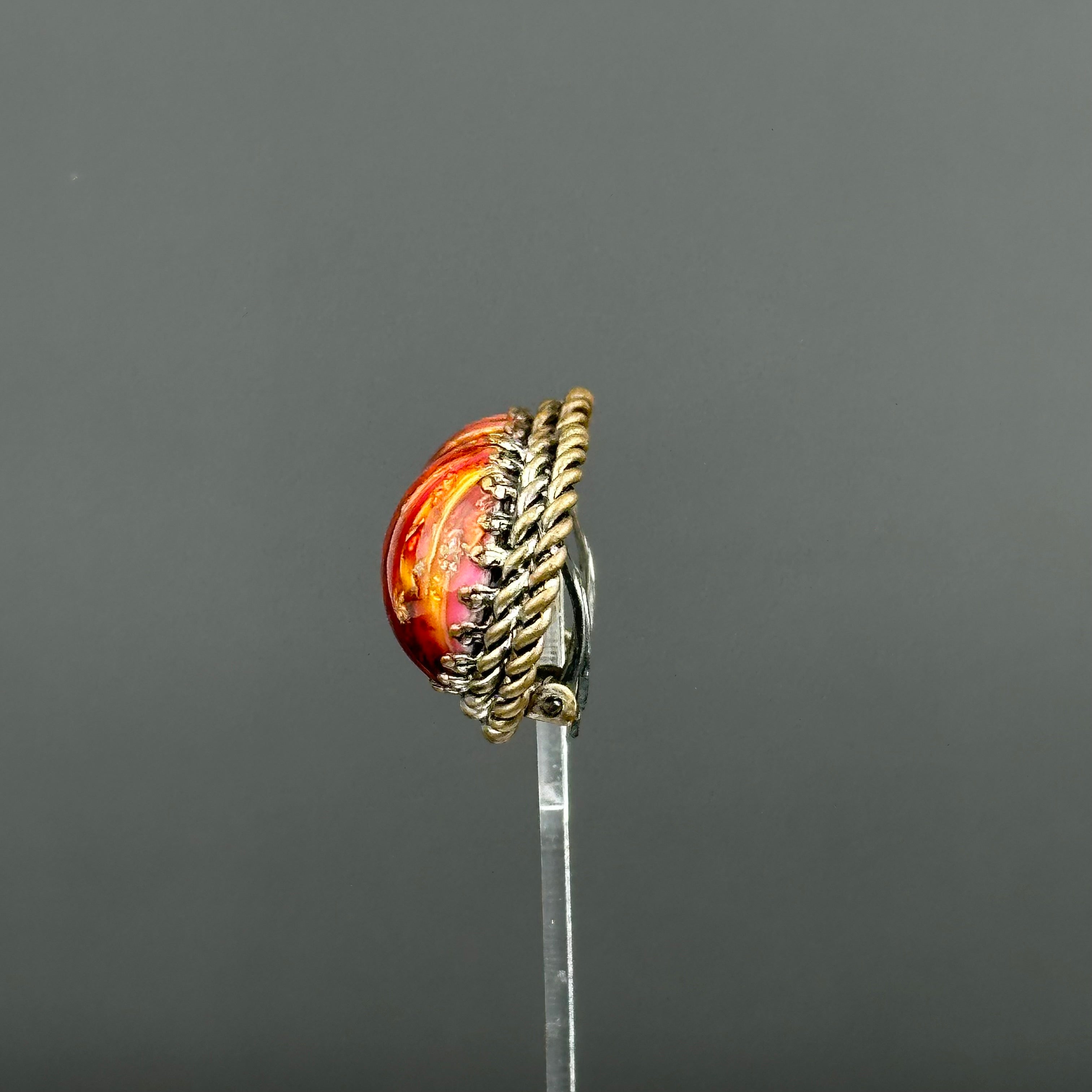 Vintage bronze tone and red art glass round clip-on earrings
