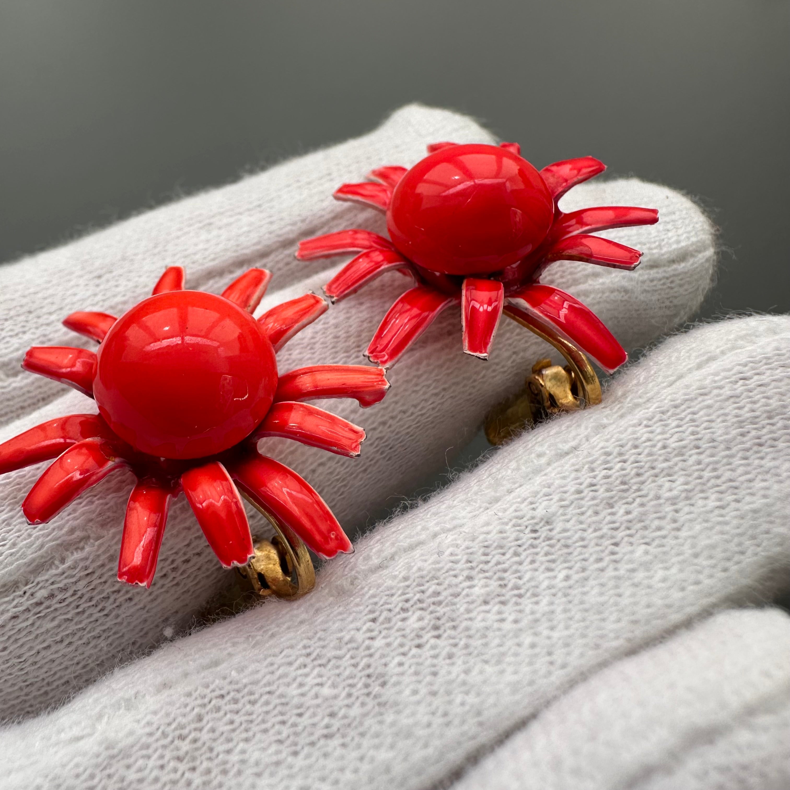 Vintage red enamel flower clip-on earrings
