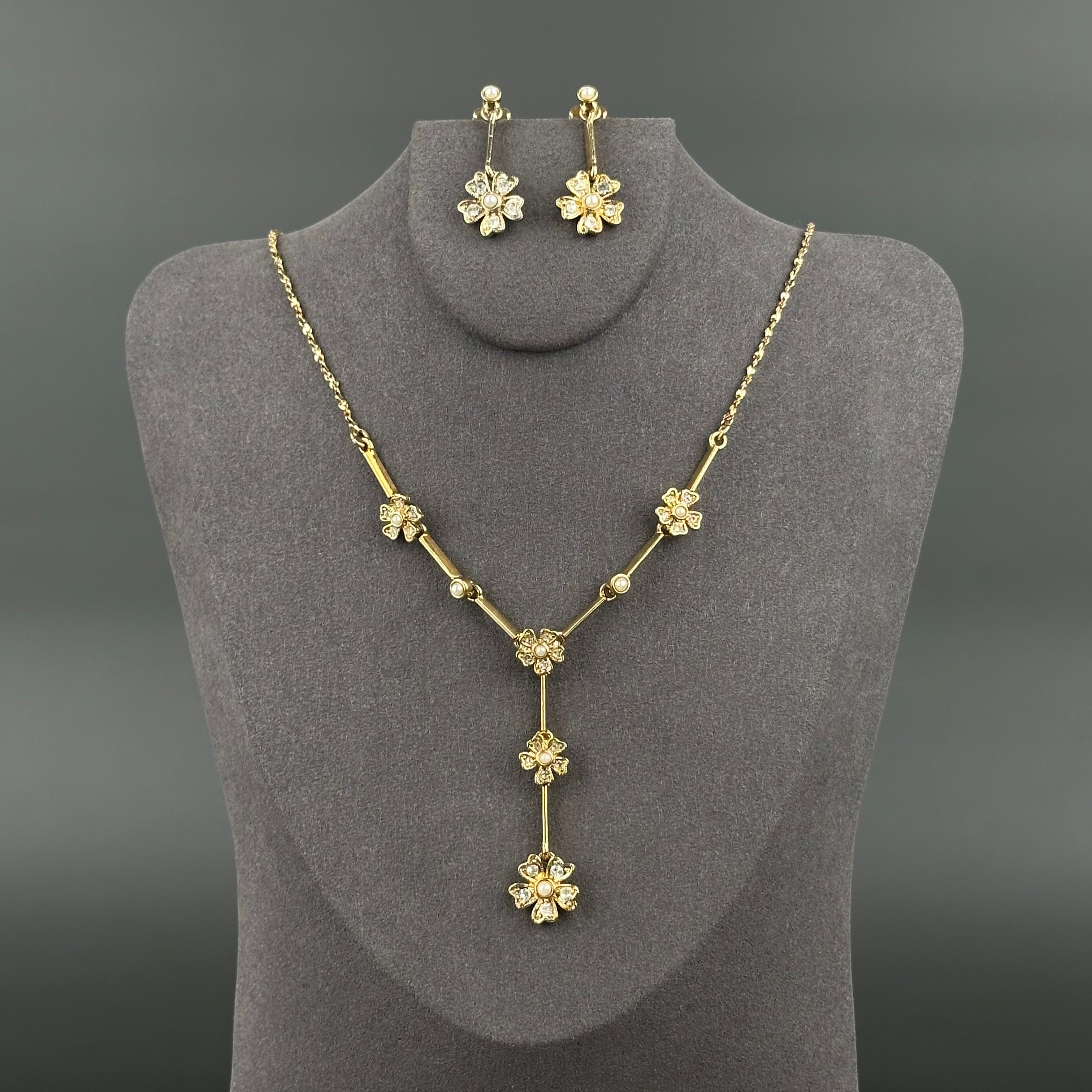 Vintage AVON gold tone and faux pearls & crystals floral jewelry set