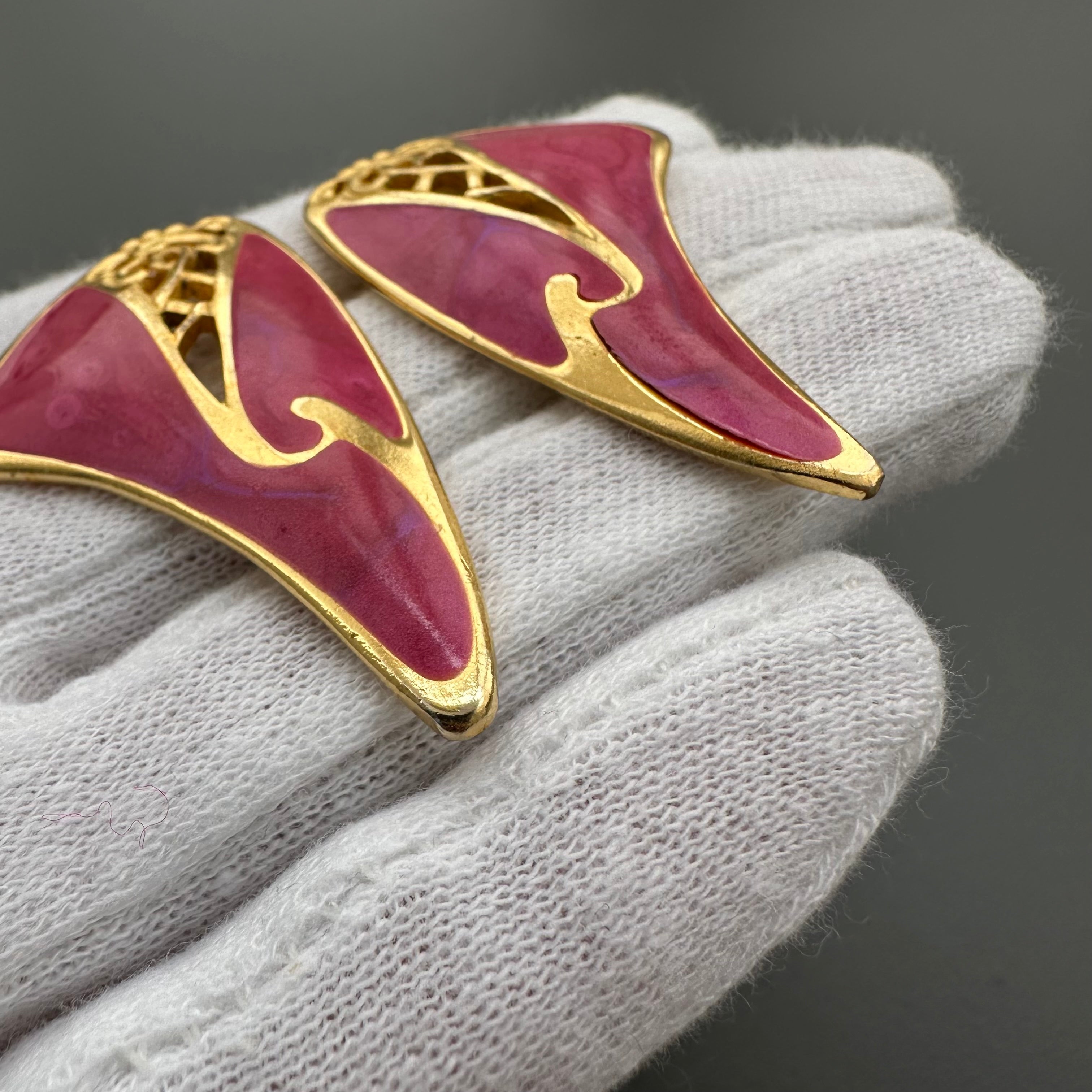 Vintage Berébi gold tone and pink enamel statement earrings