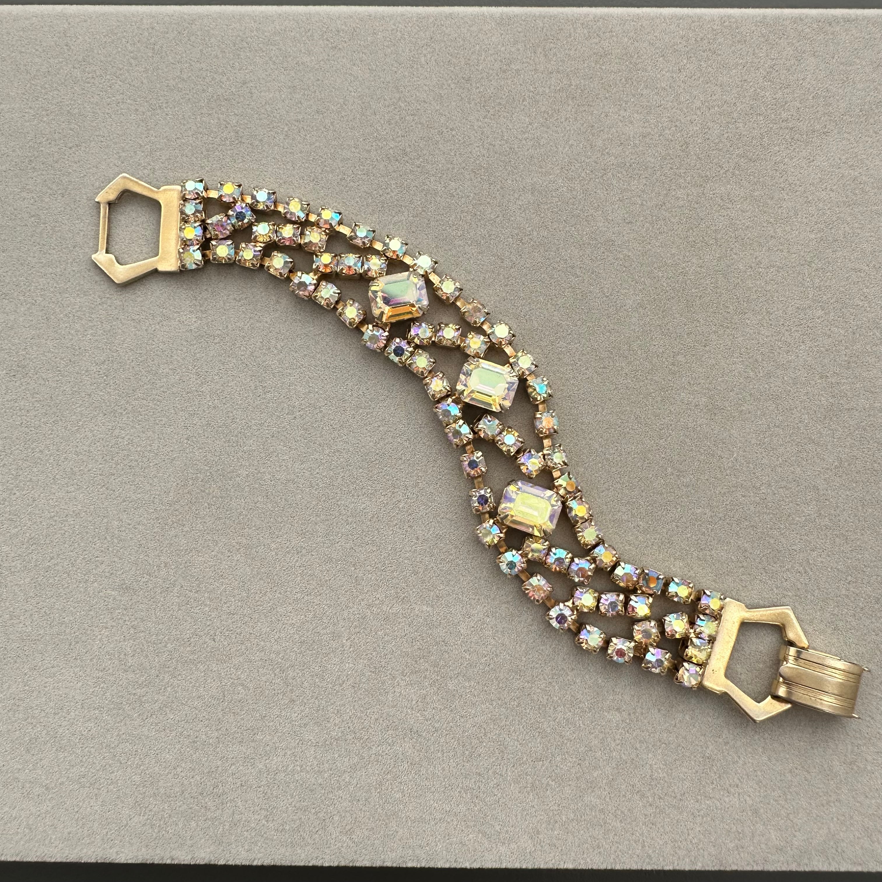 Vintage gold tone and aurora borealis rhinestone bracelet