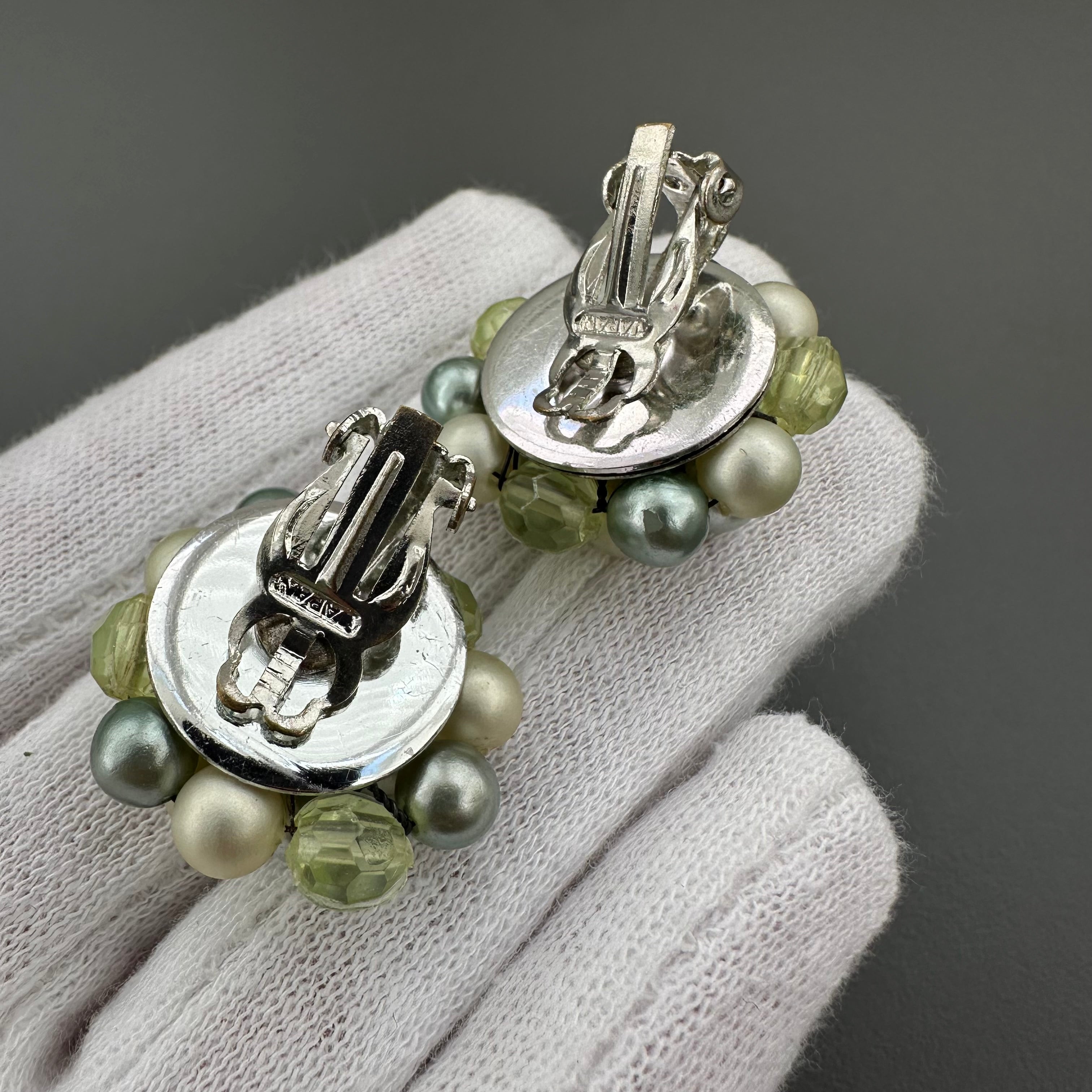 Vintage Japan mint green & light green beaded clip on earrings