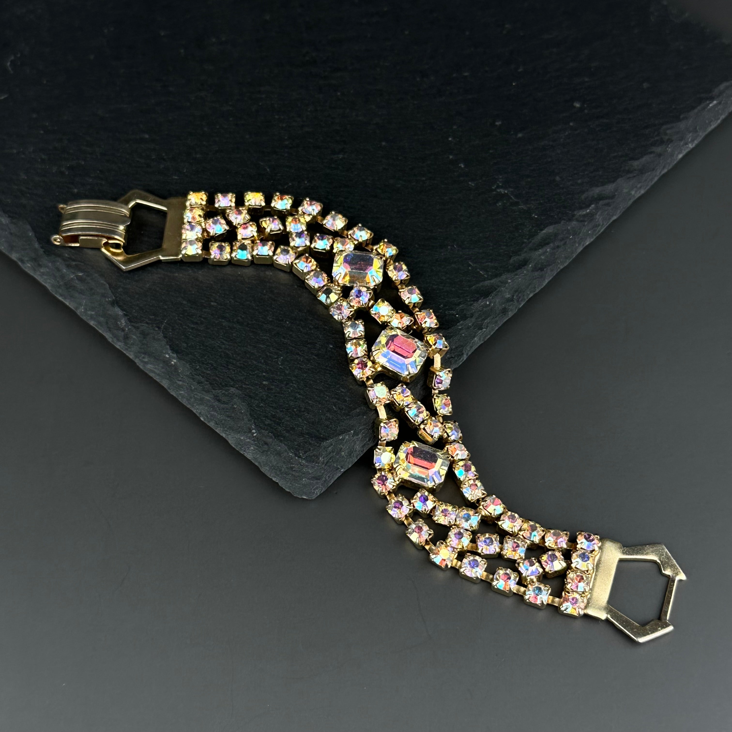 Vintage gold tone and aurora borealis rhinestone bracelet