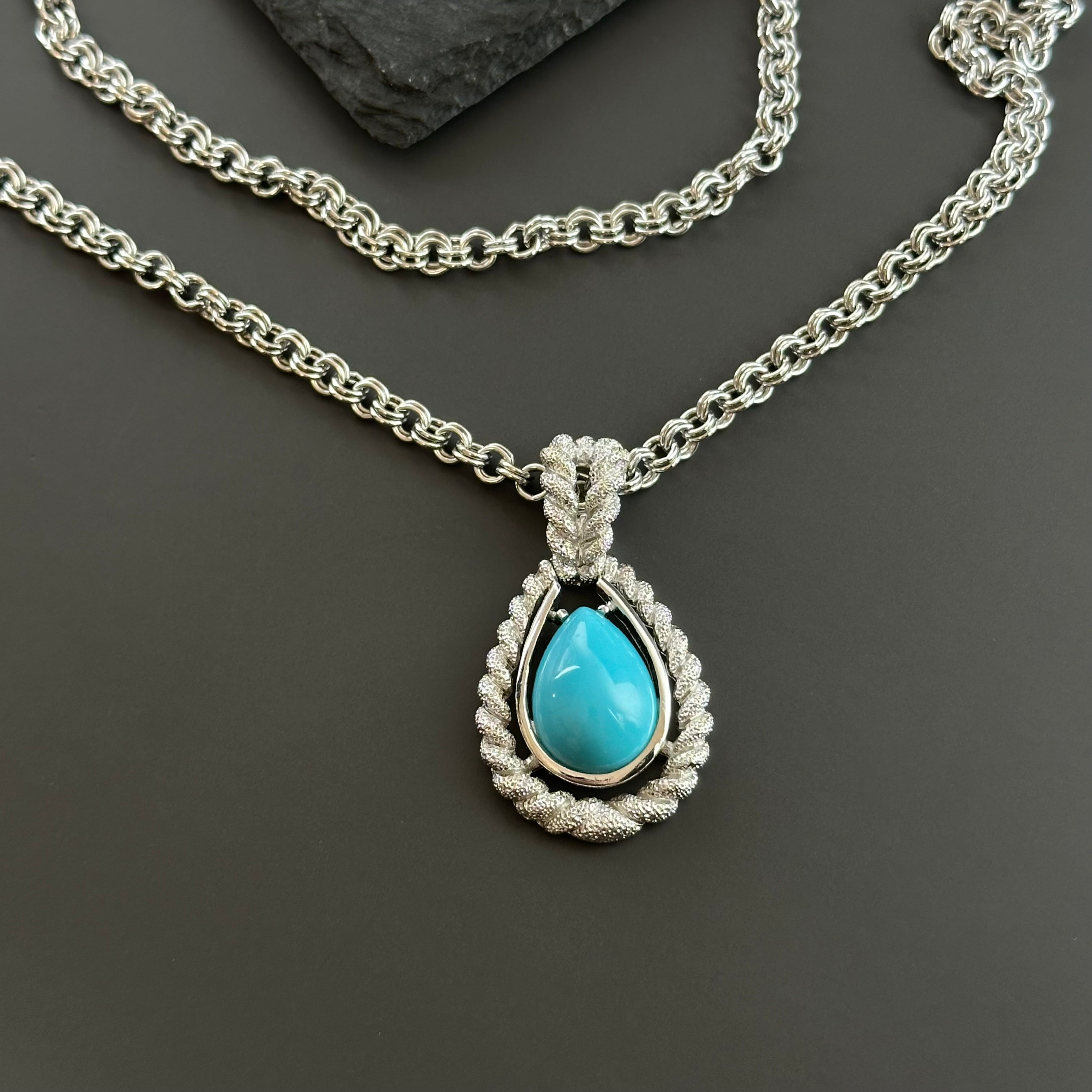 Vintage AVON silver tone double chain necklace with turquoise teardrop pendant