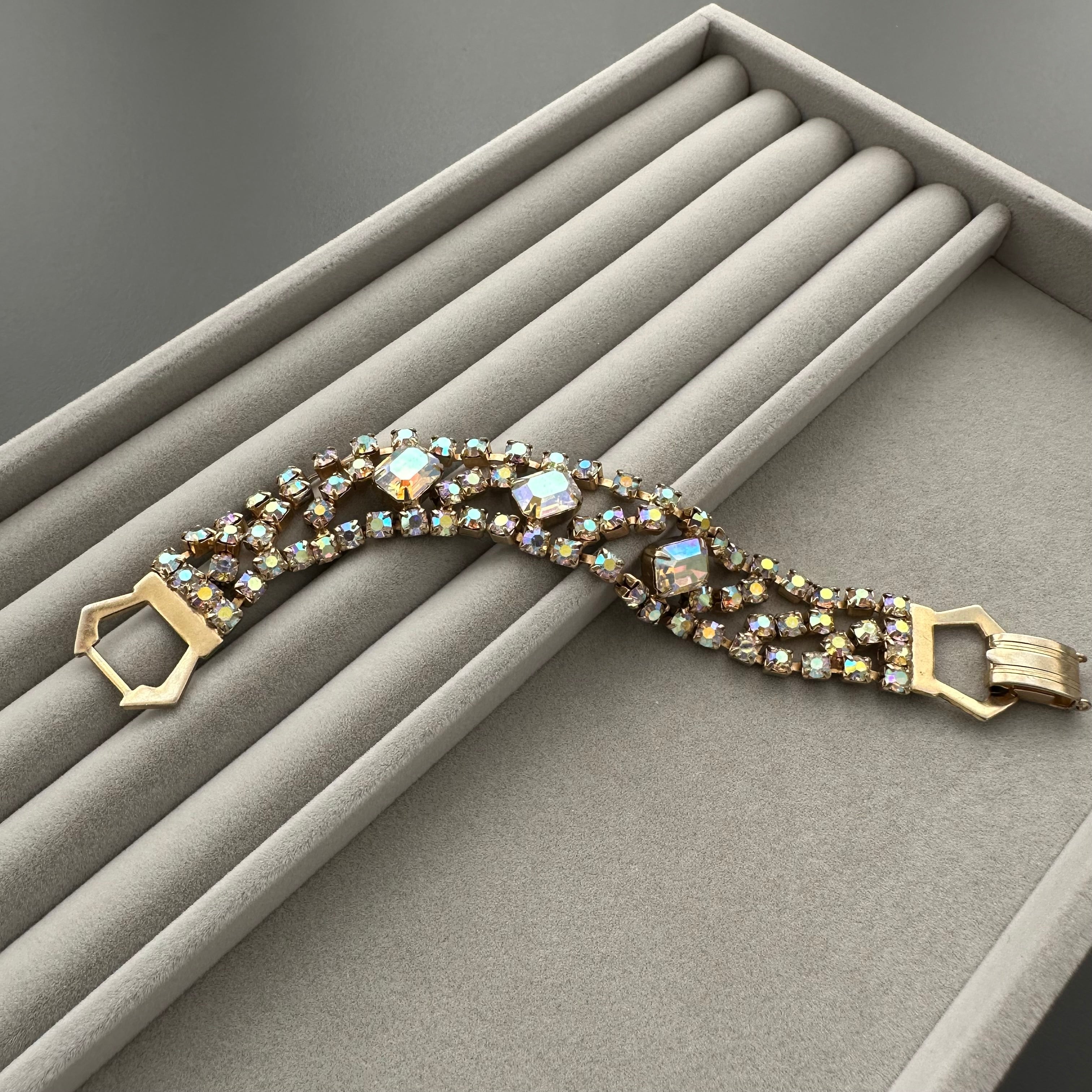 Vintage gold tone and aurora borealis rhinestone bracelet