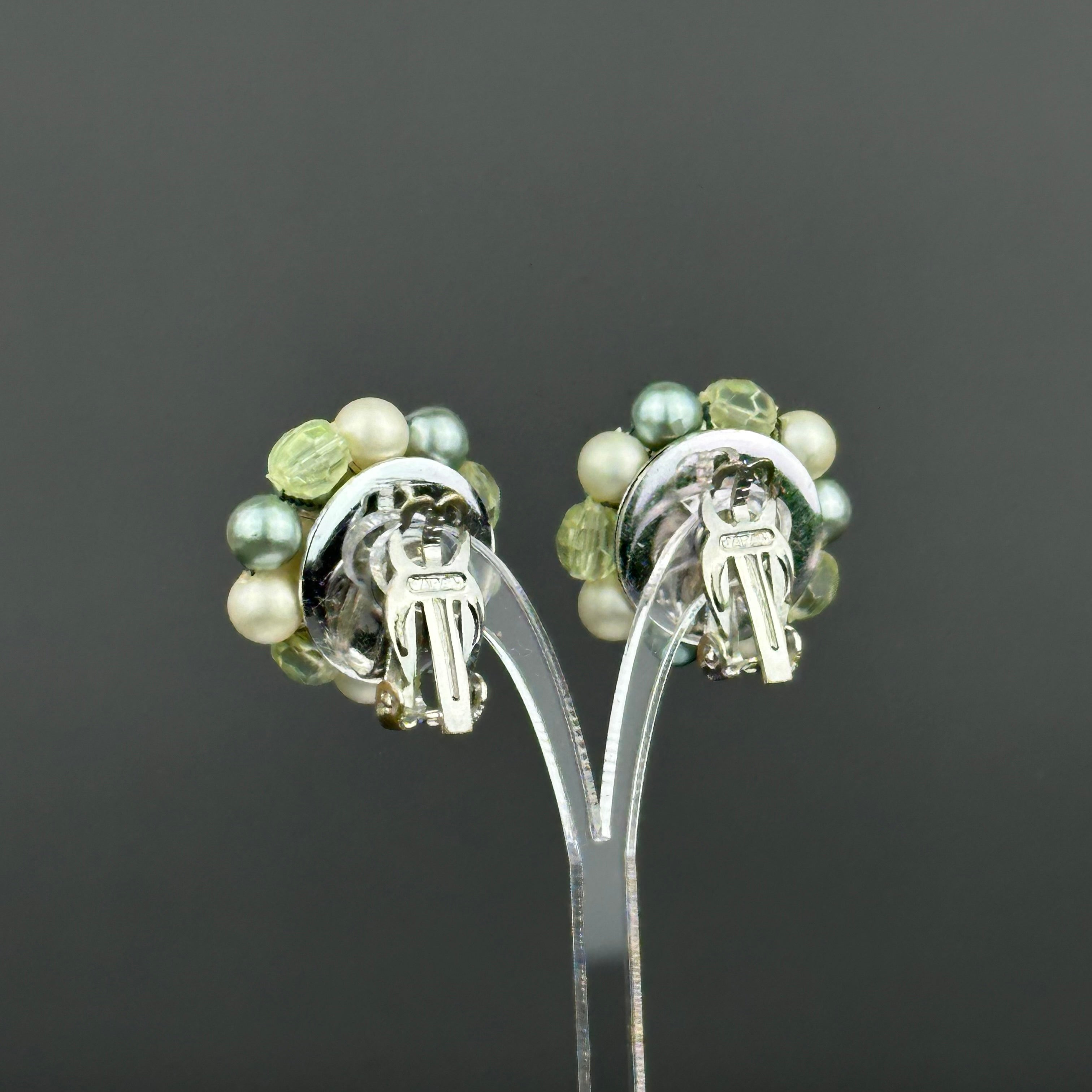 Vintage Japan mint green & light green beaded clip on earrings