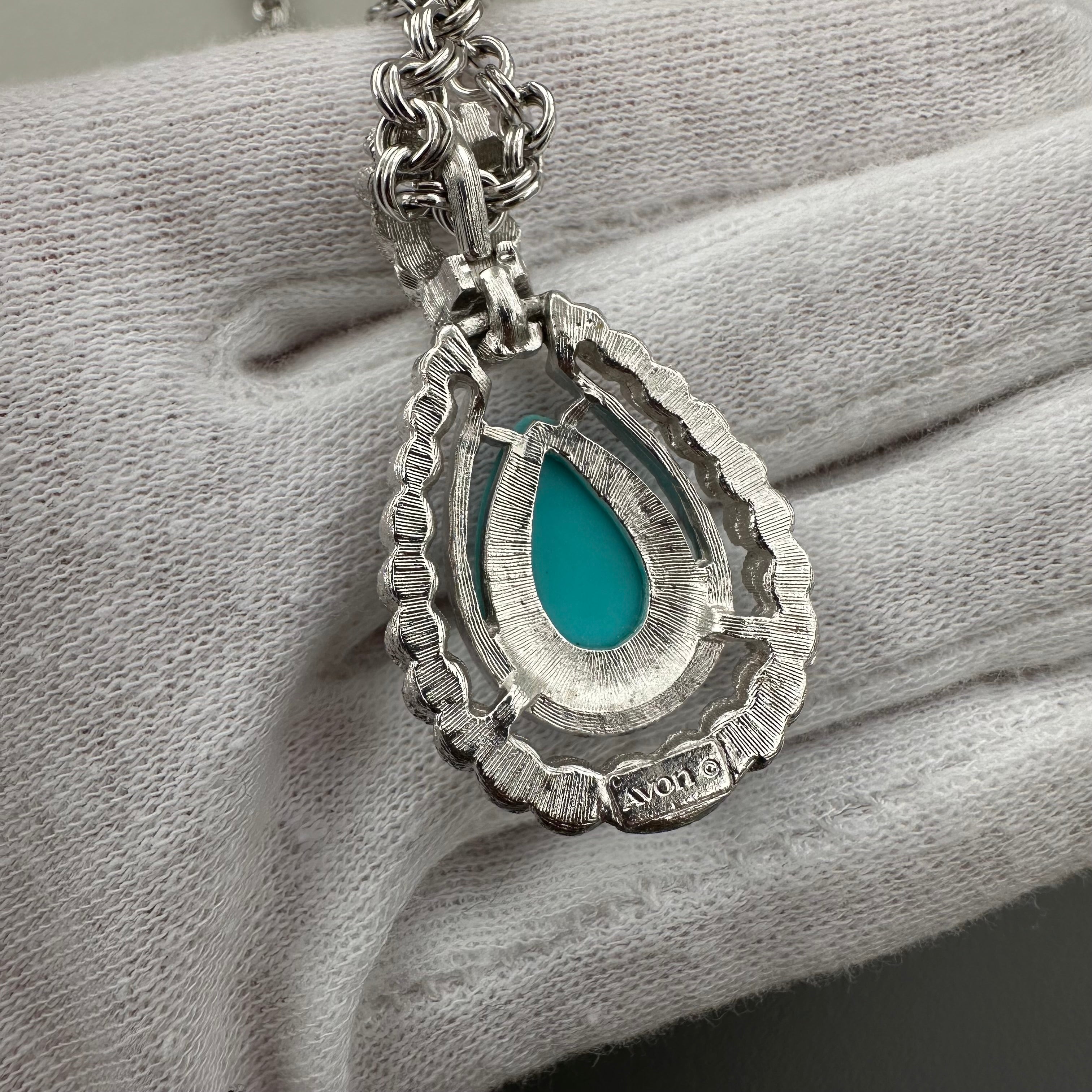 Vintage AVON silver tone double chain necklace with turquoise teardrop pendant