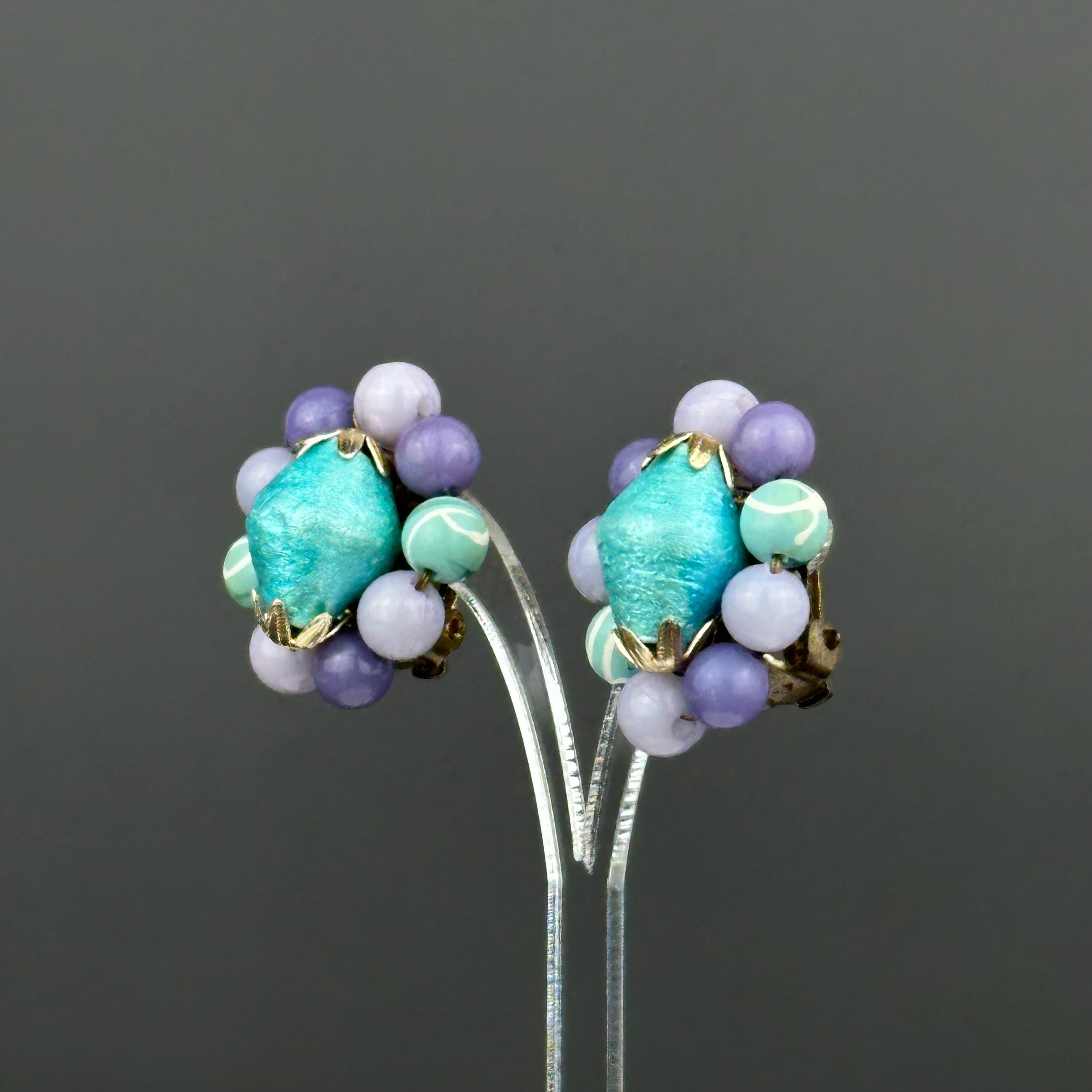 Vintage Japan turquoise & lavender beaded clip-on earrings