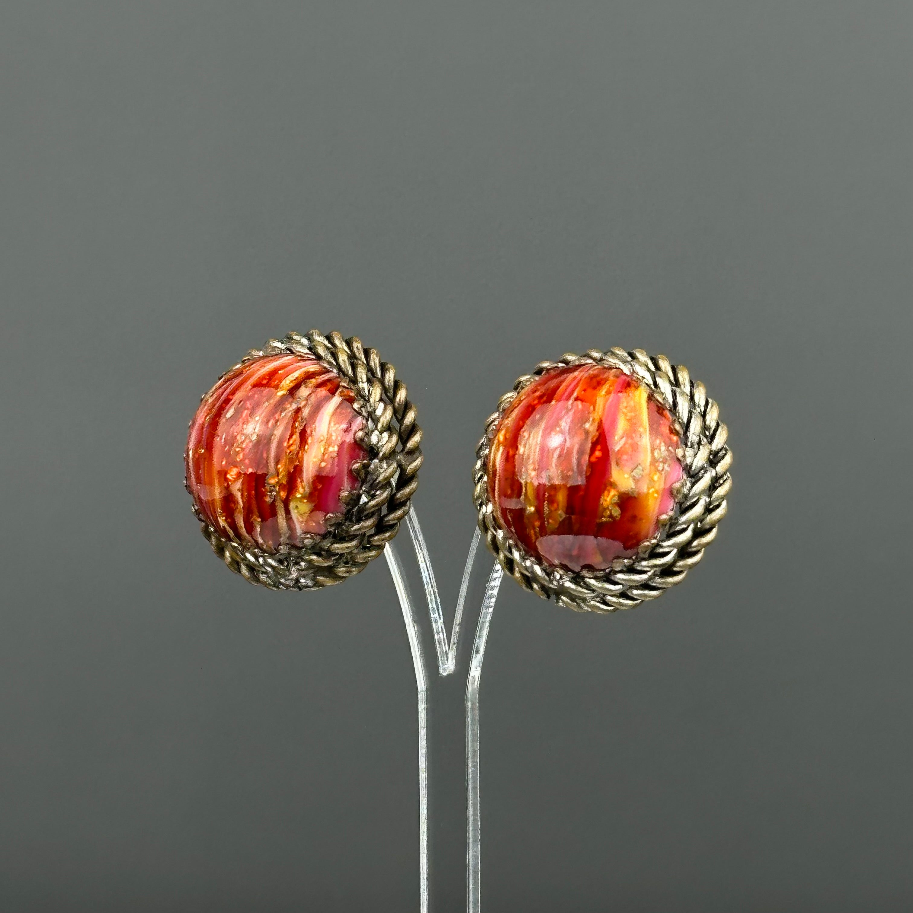 Vintage bronze tone and red art glass round clip-on earrings