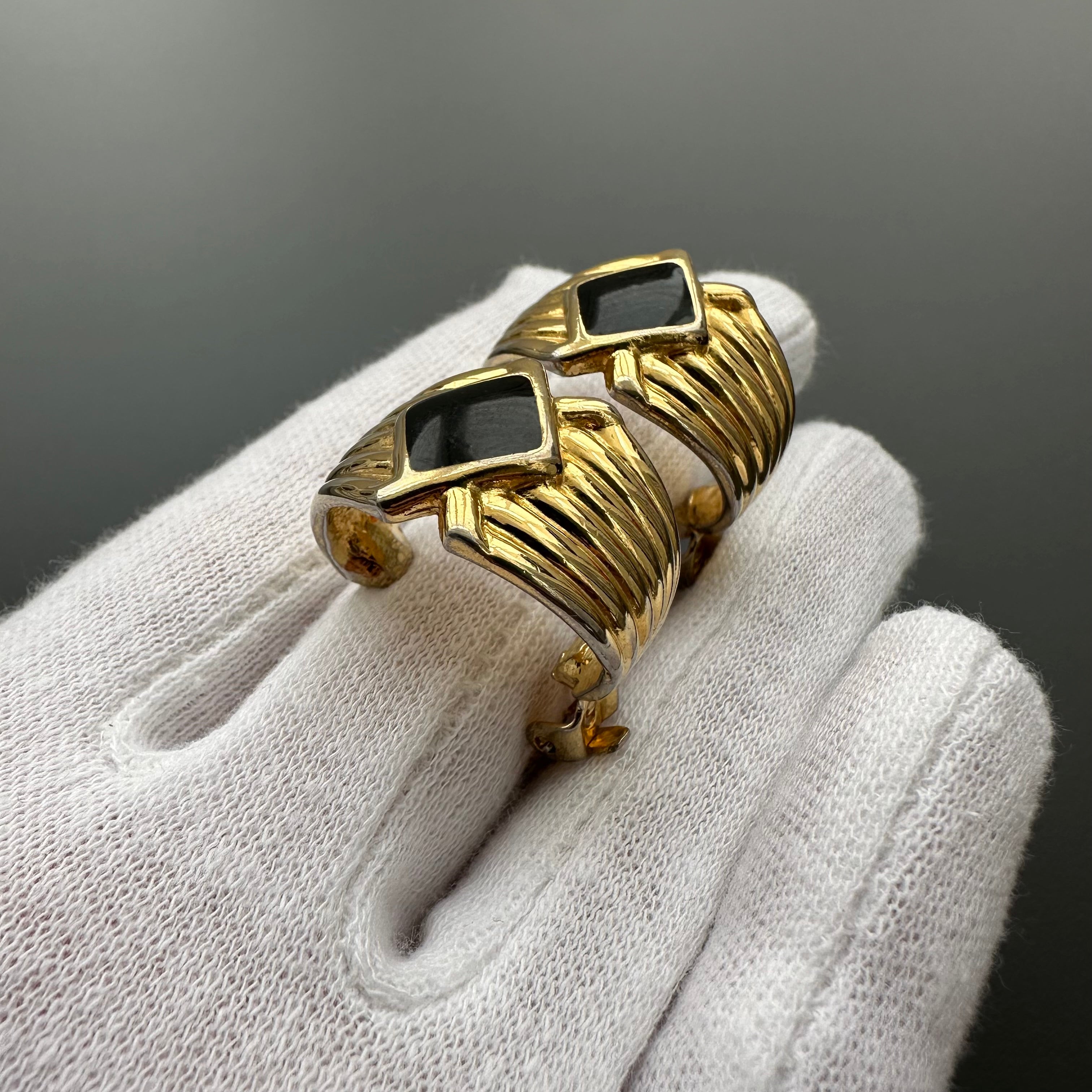 Vintage gold-tone and black textured hoop clip-on earrings