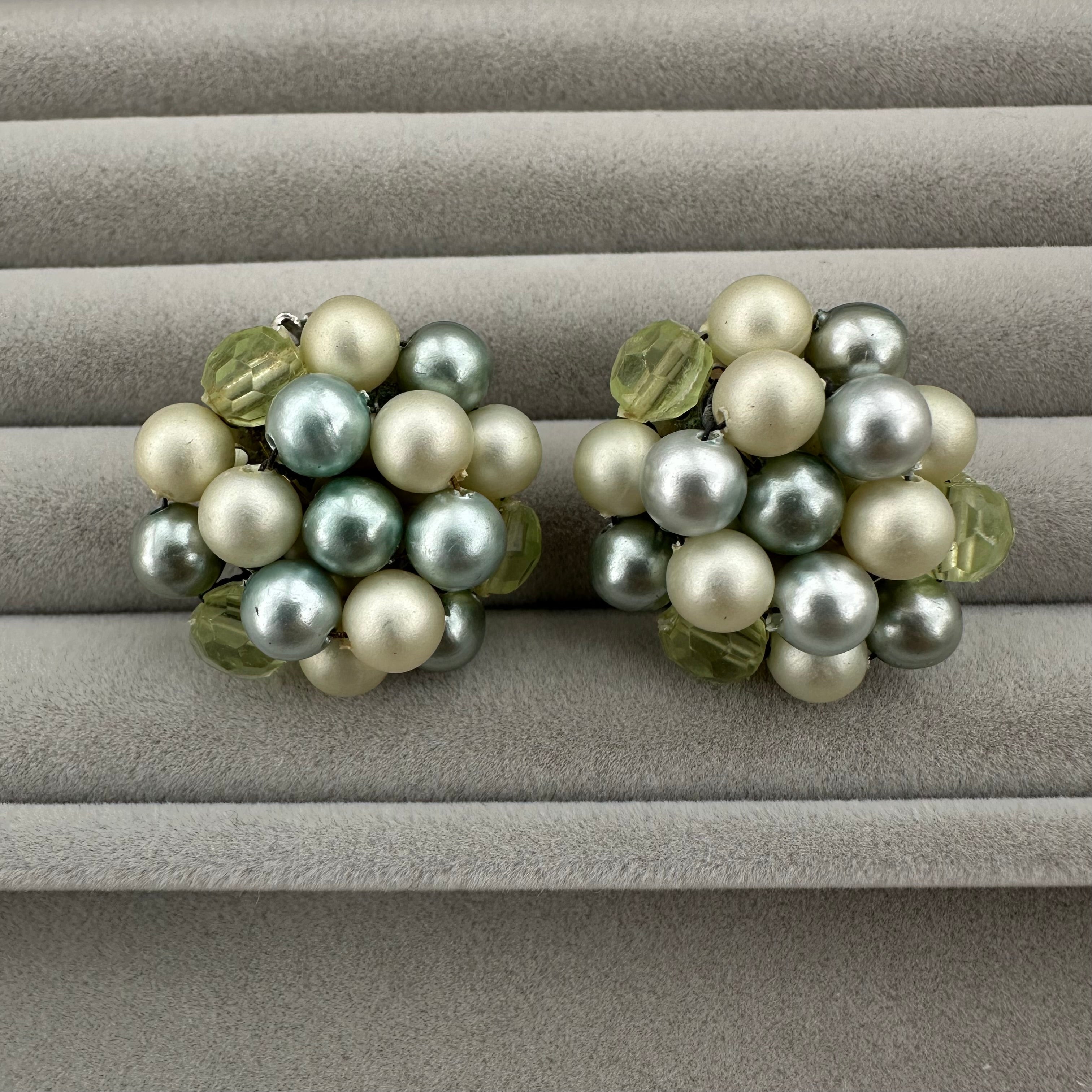 Vintage Japan mint green & light green beaded clip on earrings