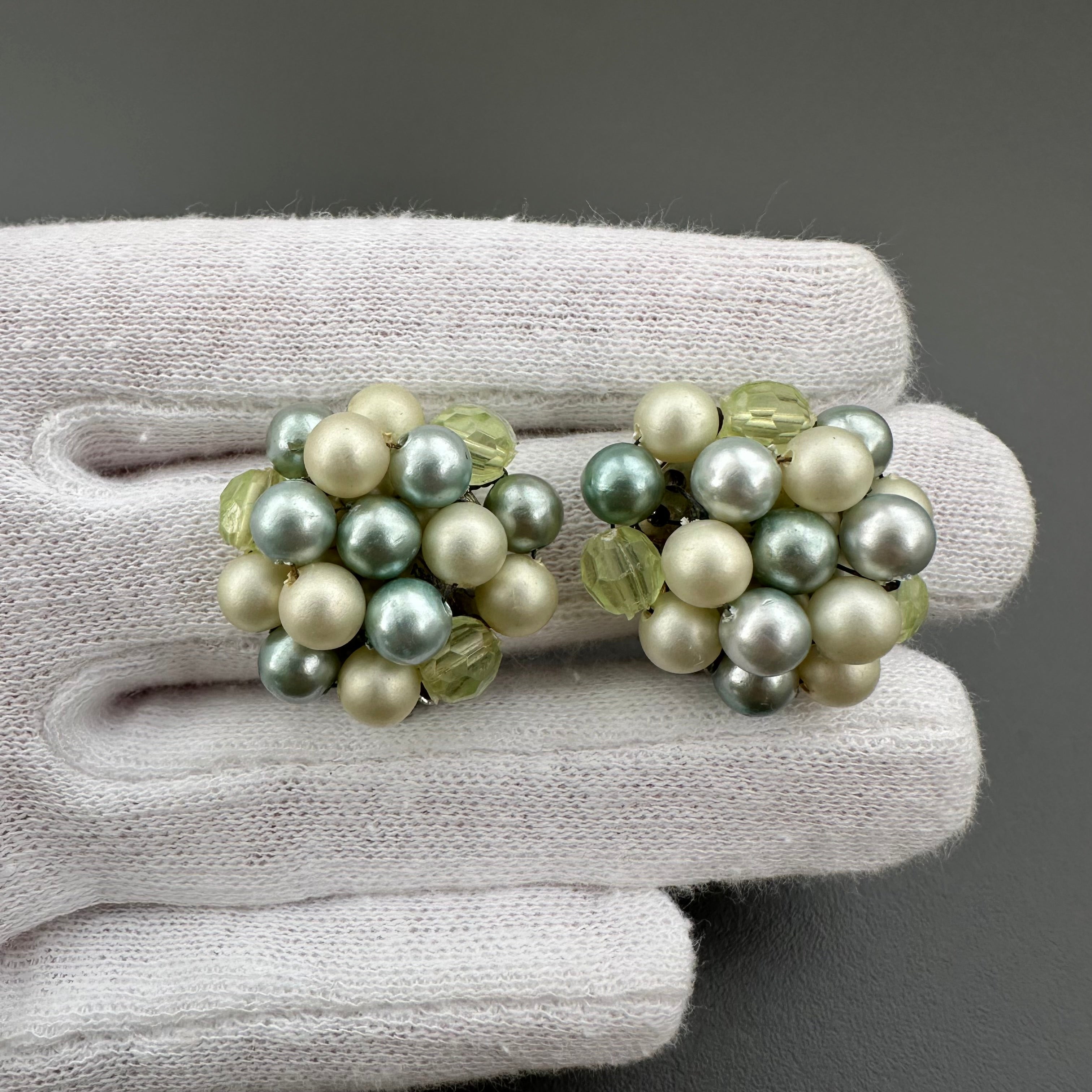 Vintage Japan mint green & light green beaded clip on earrings