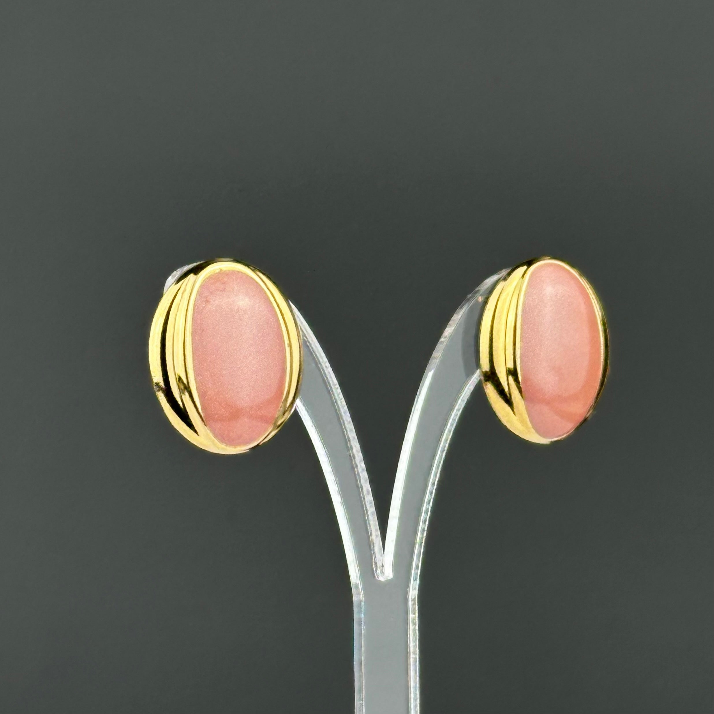 Vintage gold tone and pink enamel oval stud earrings