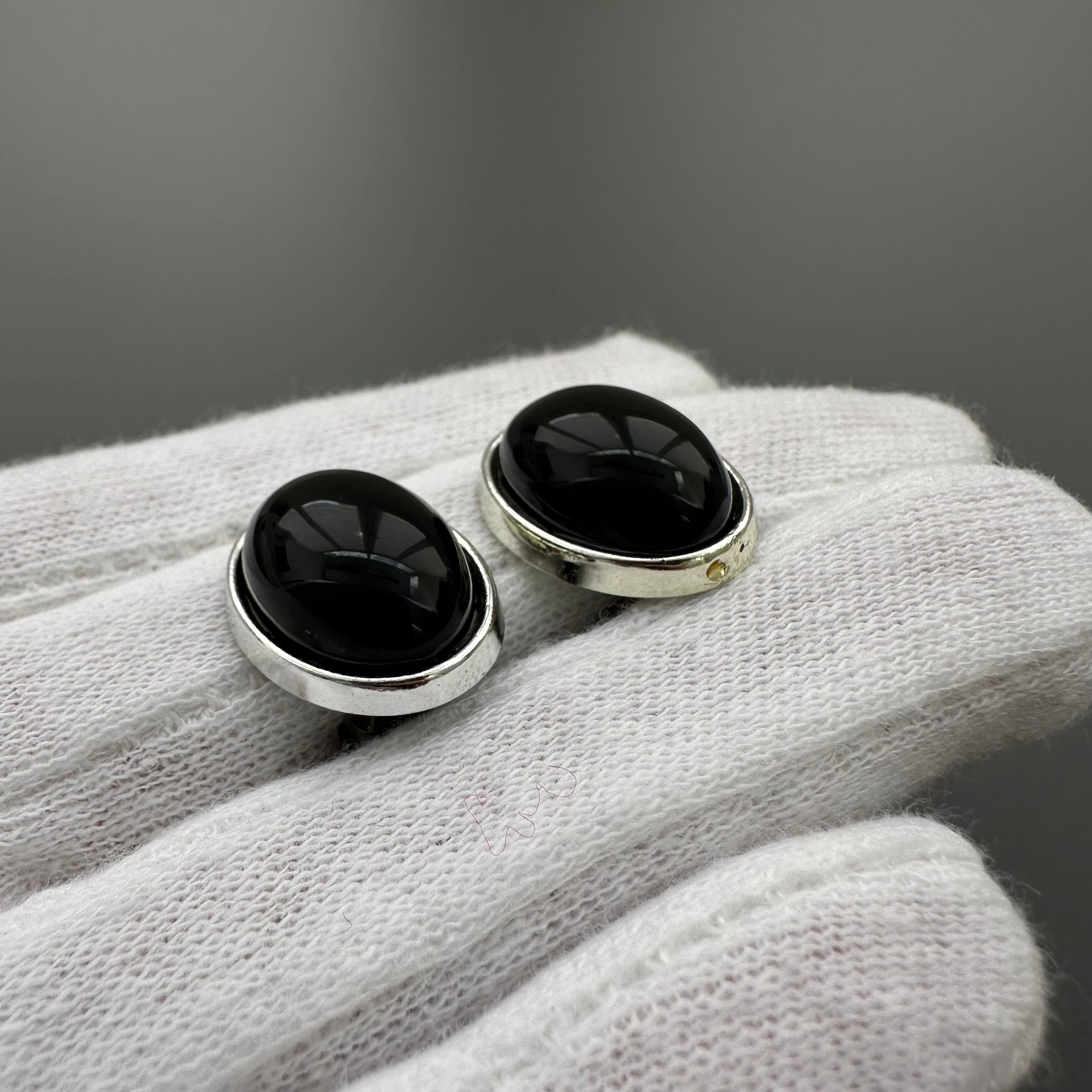 Vintage silver tone and black oval clip on earrings