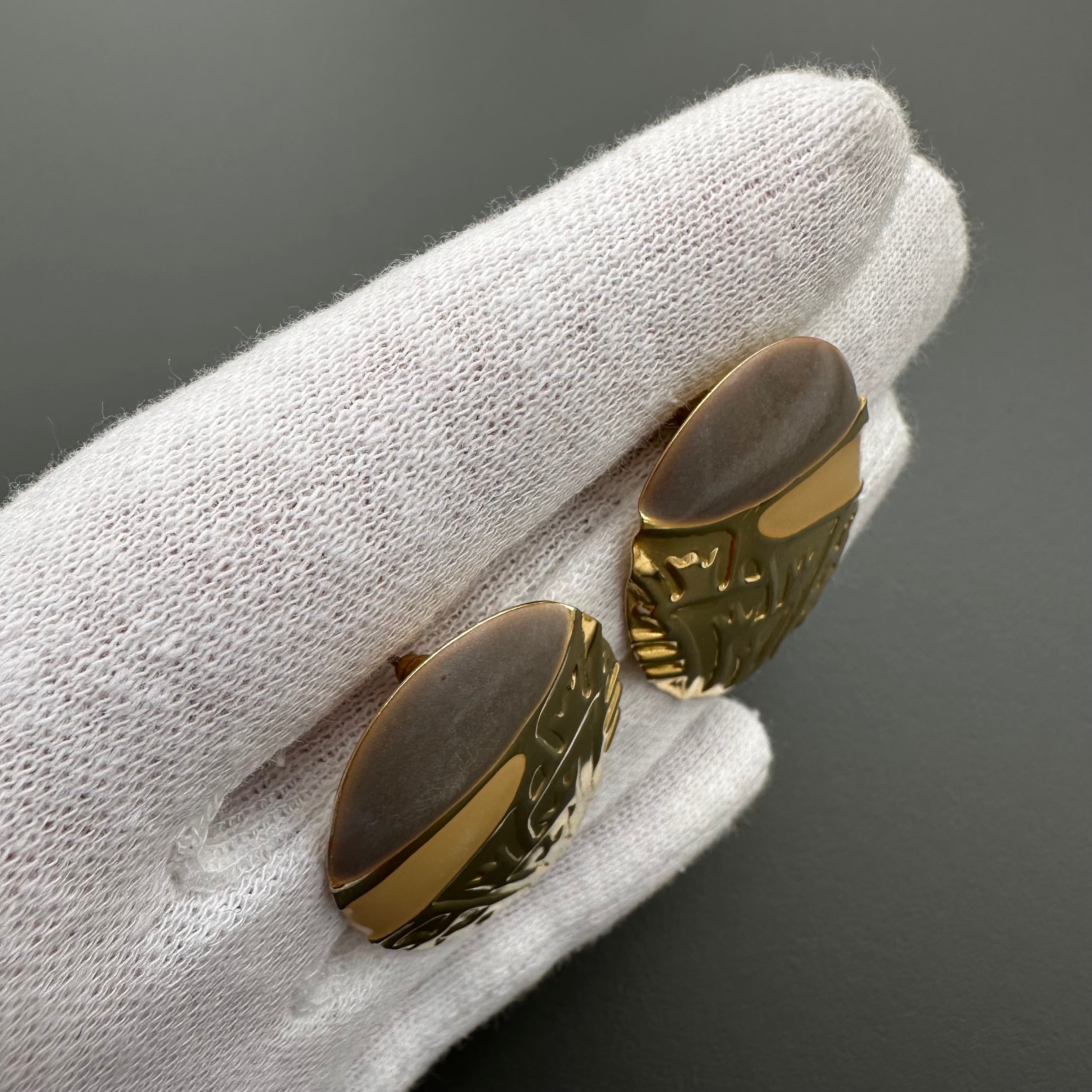 Vintage gold tone and grey enamel oval stud earrings