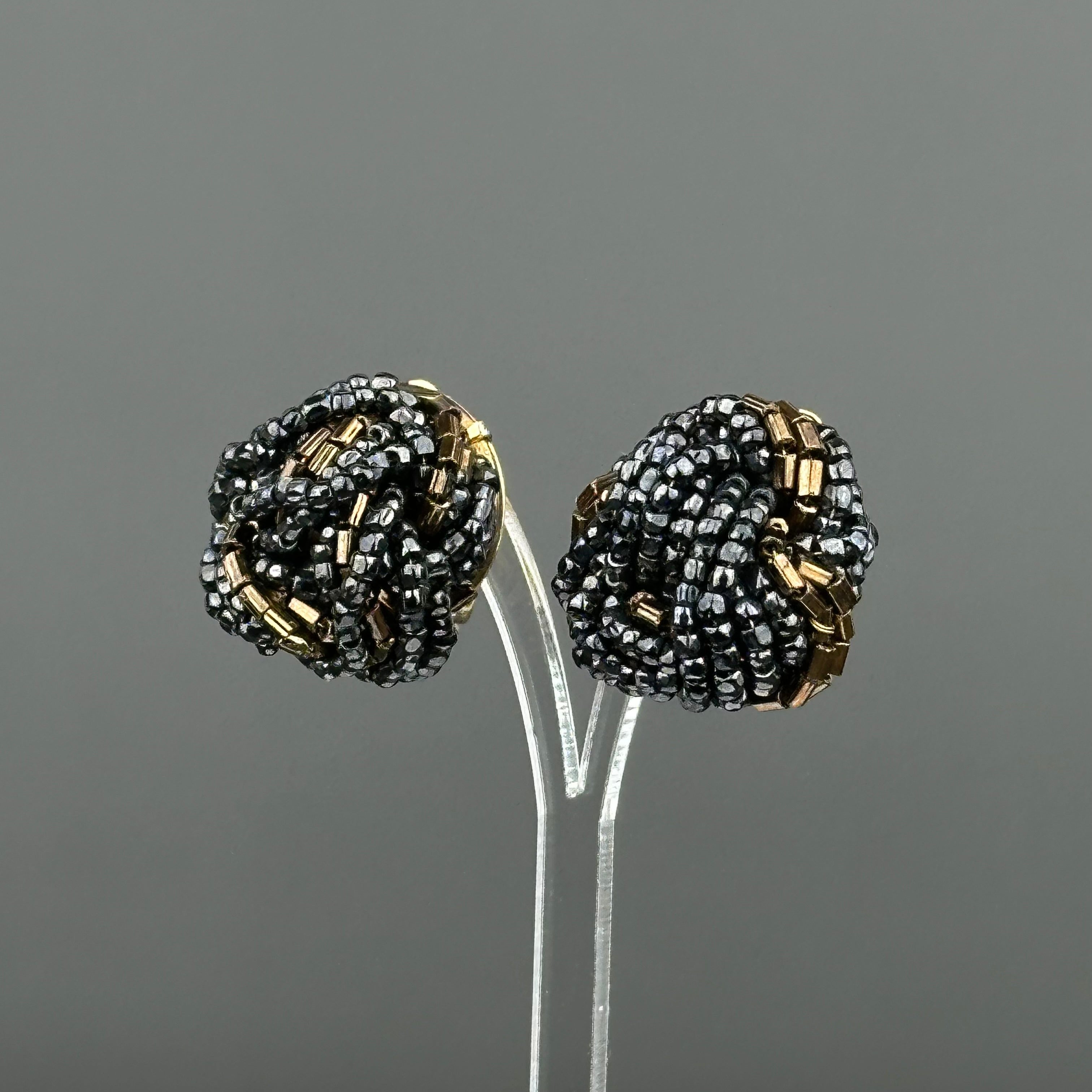 Vintage black & brown glass seed beads clip-on earrings