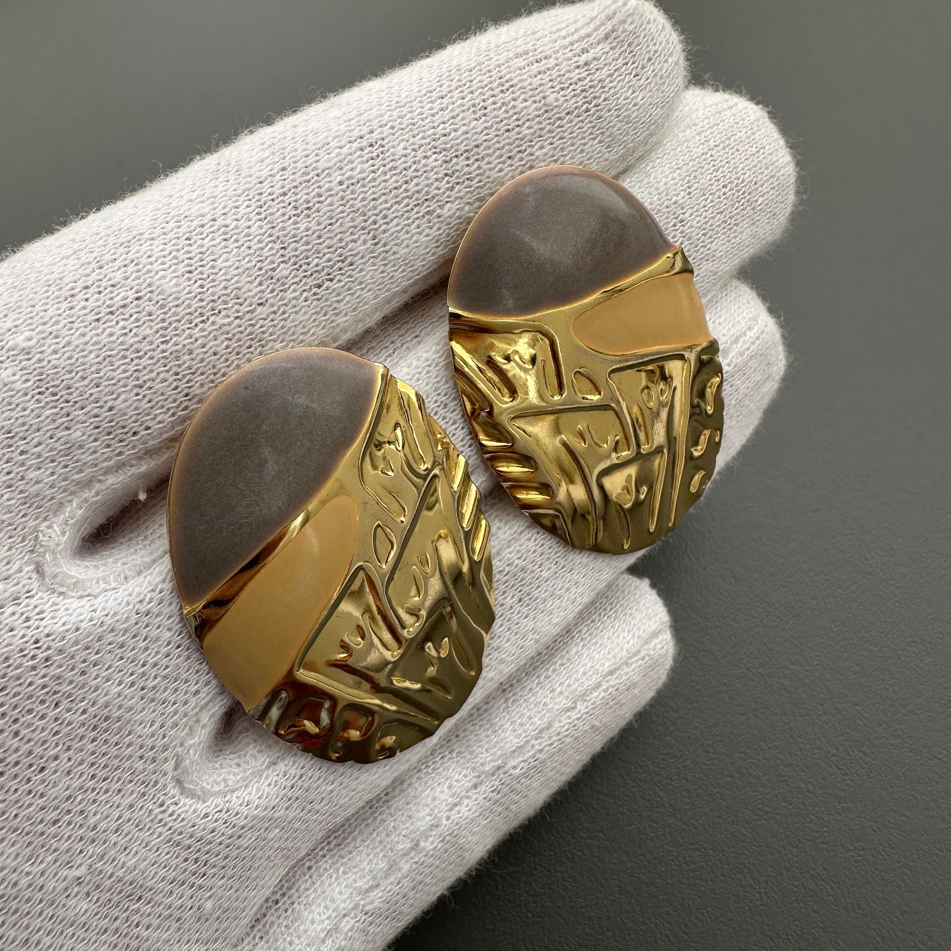 Vintage gold tone and grey enamel oval stud earrings