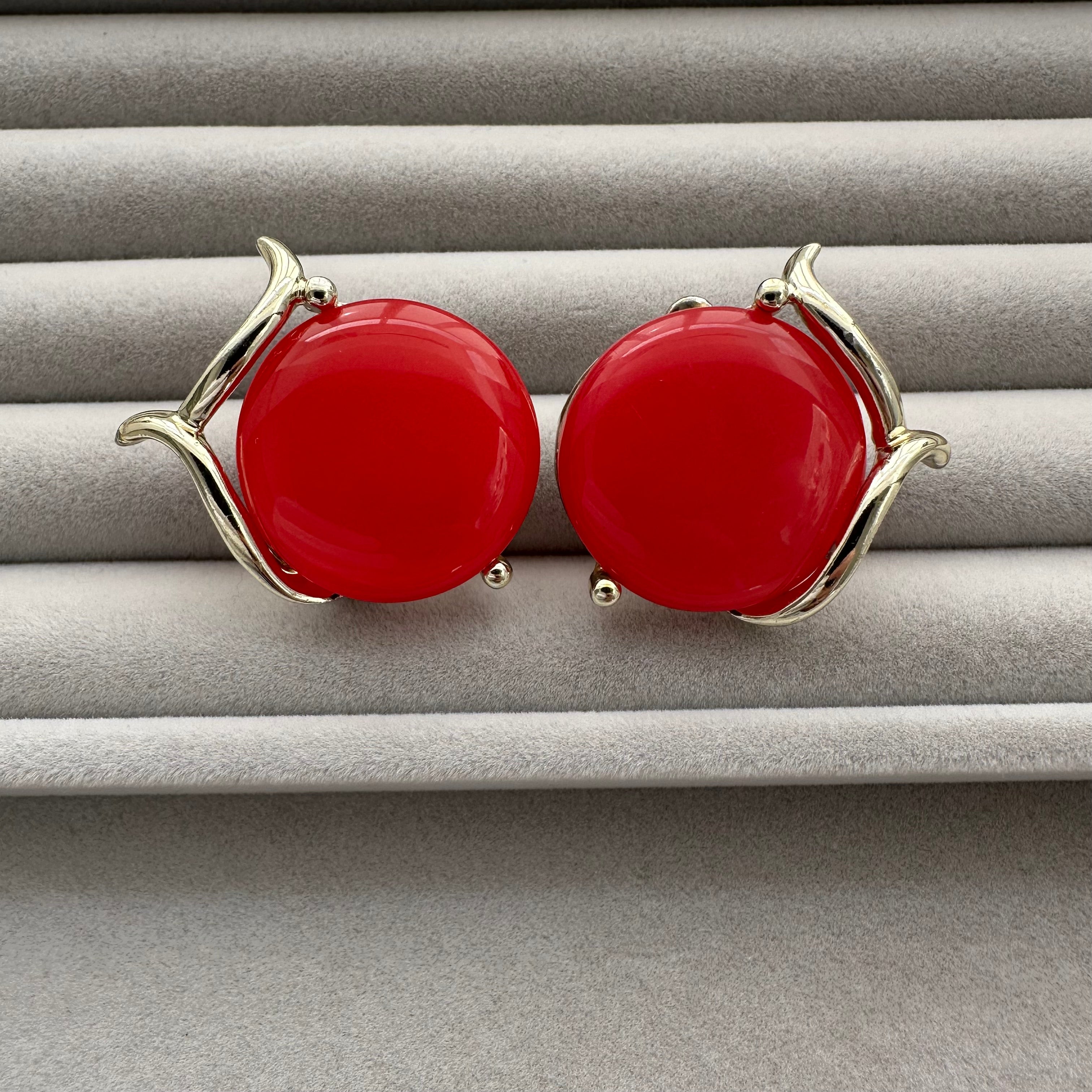 Vintage gold-tone and red lucite clip-on earrings