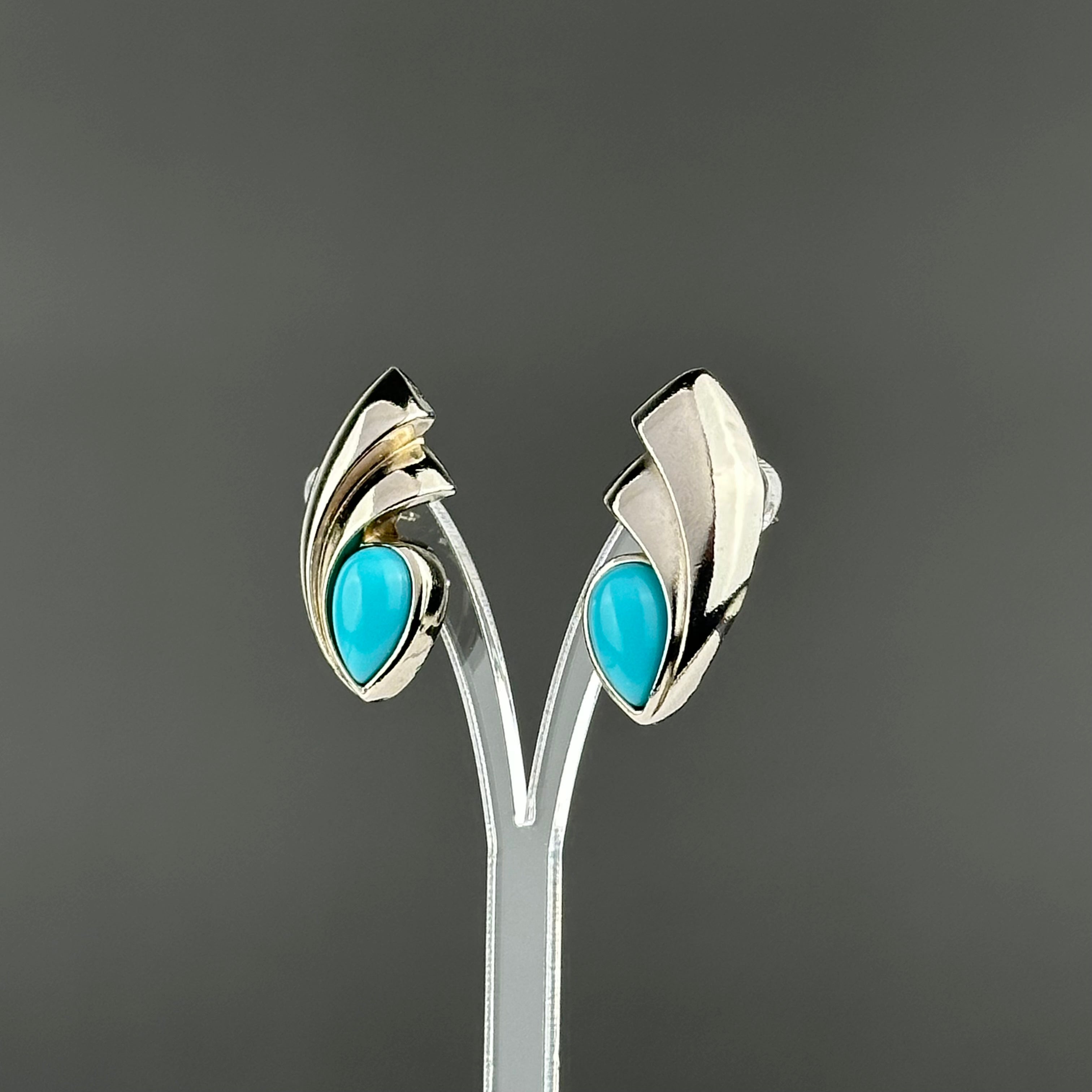 Vintage silver tone and blue сabochons earrings