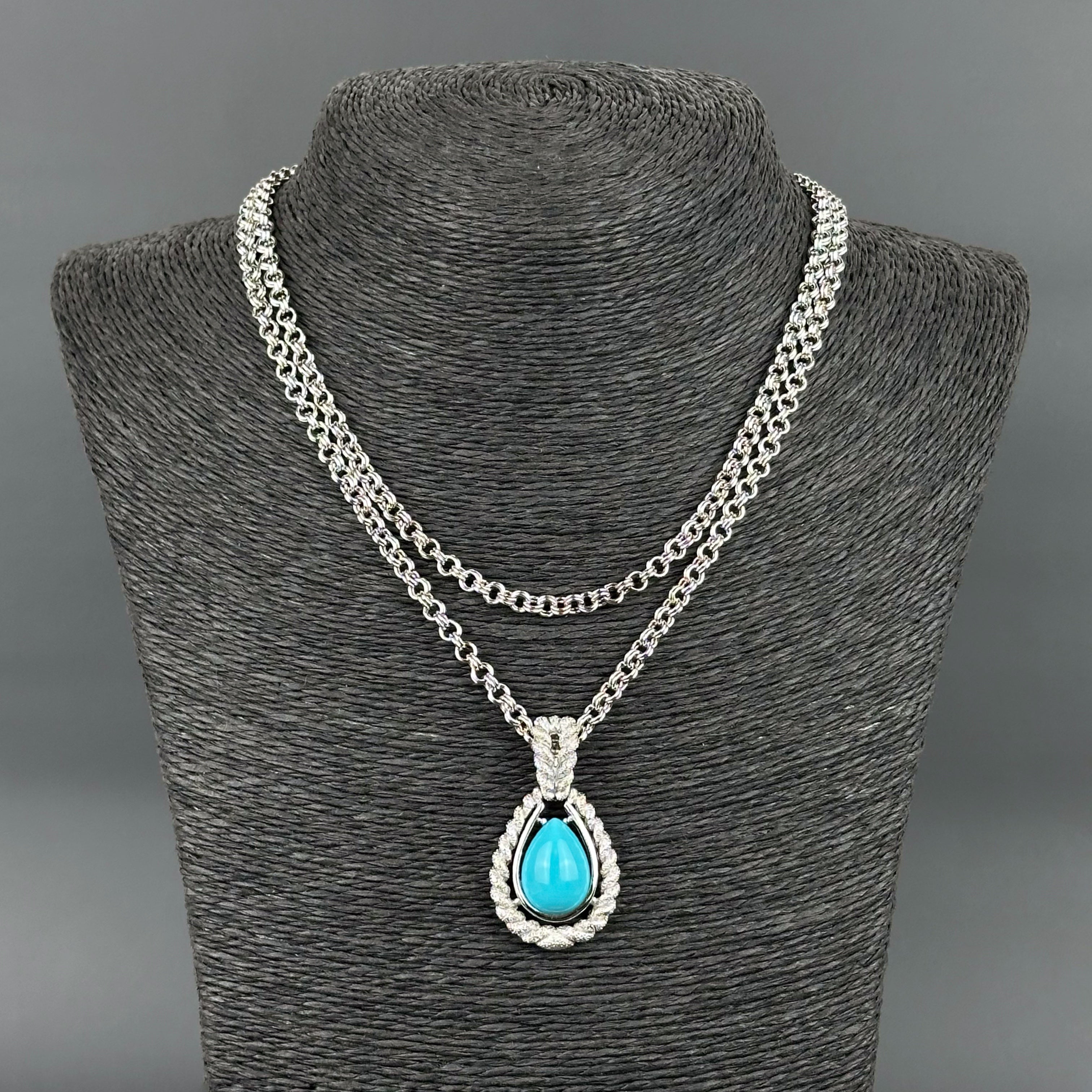 Vintage AVON silver tone double chain necklace with turquoise teardrop pendant