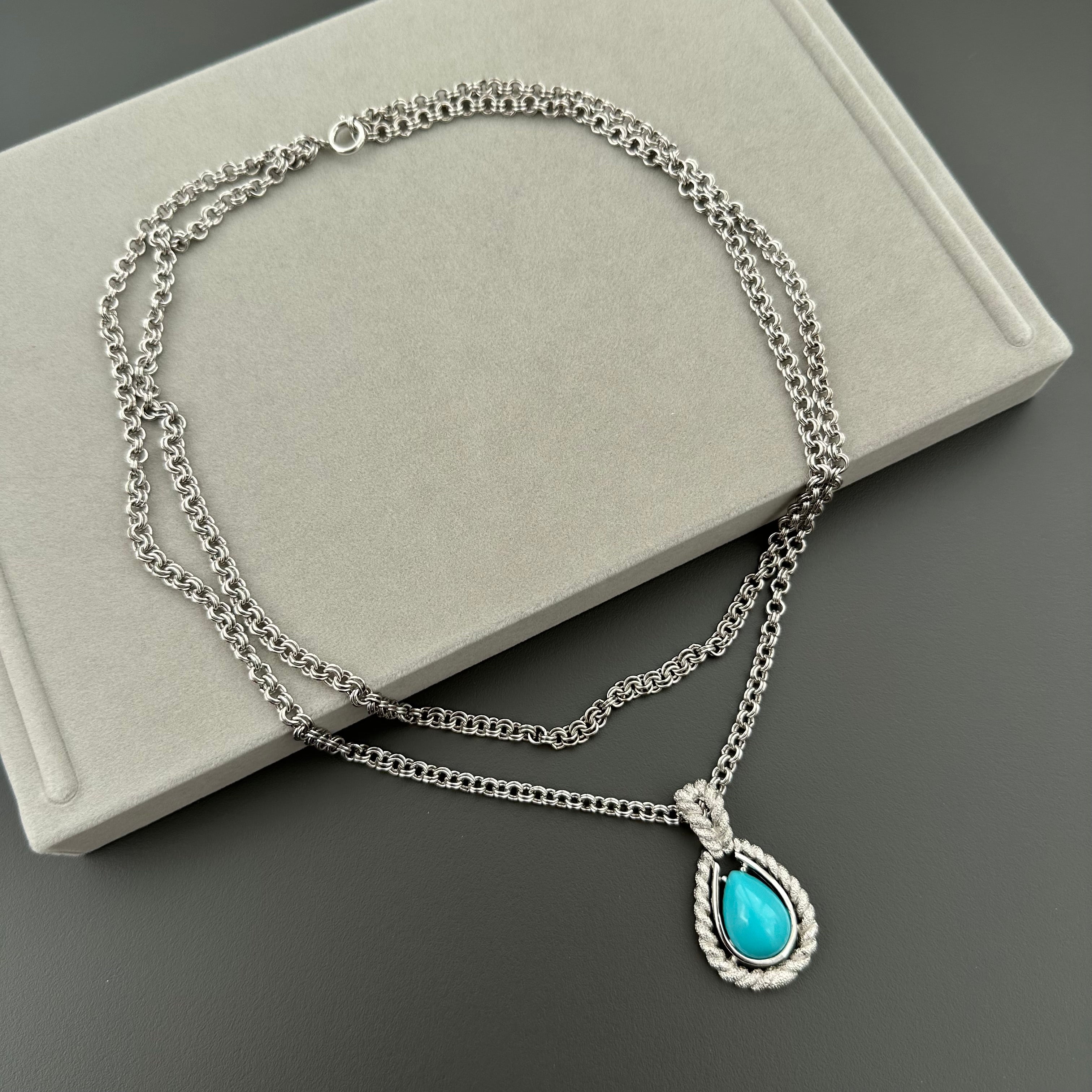 Vintage AVON silver tone double chain necklace with turquoise teardrop pendant