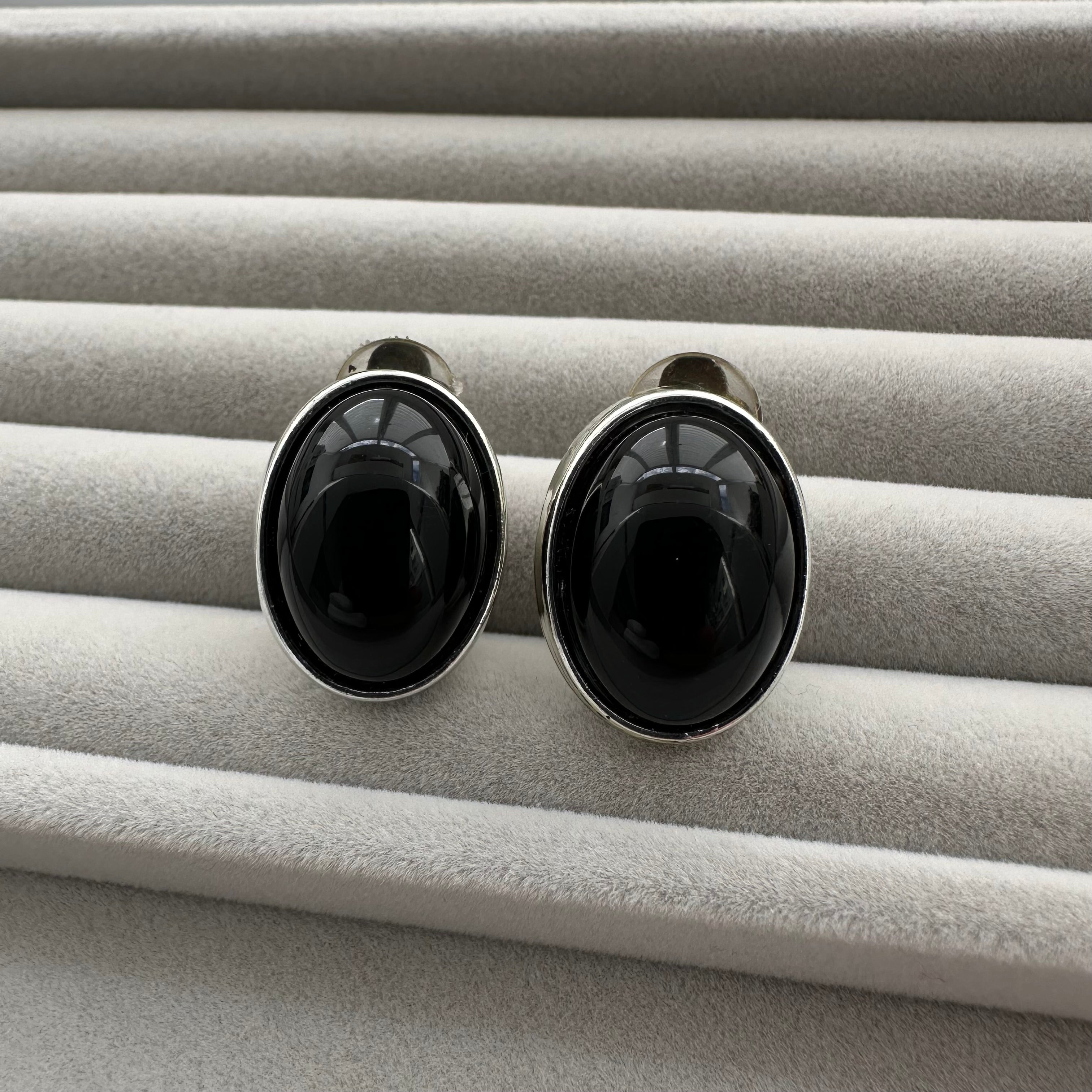Vintage silver tone and black oval clip on earrings
