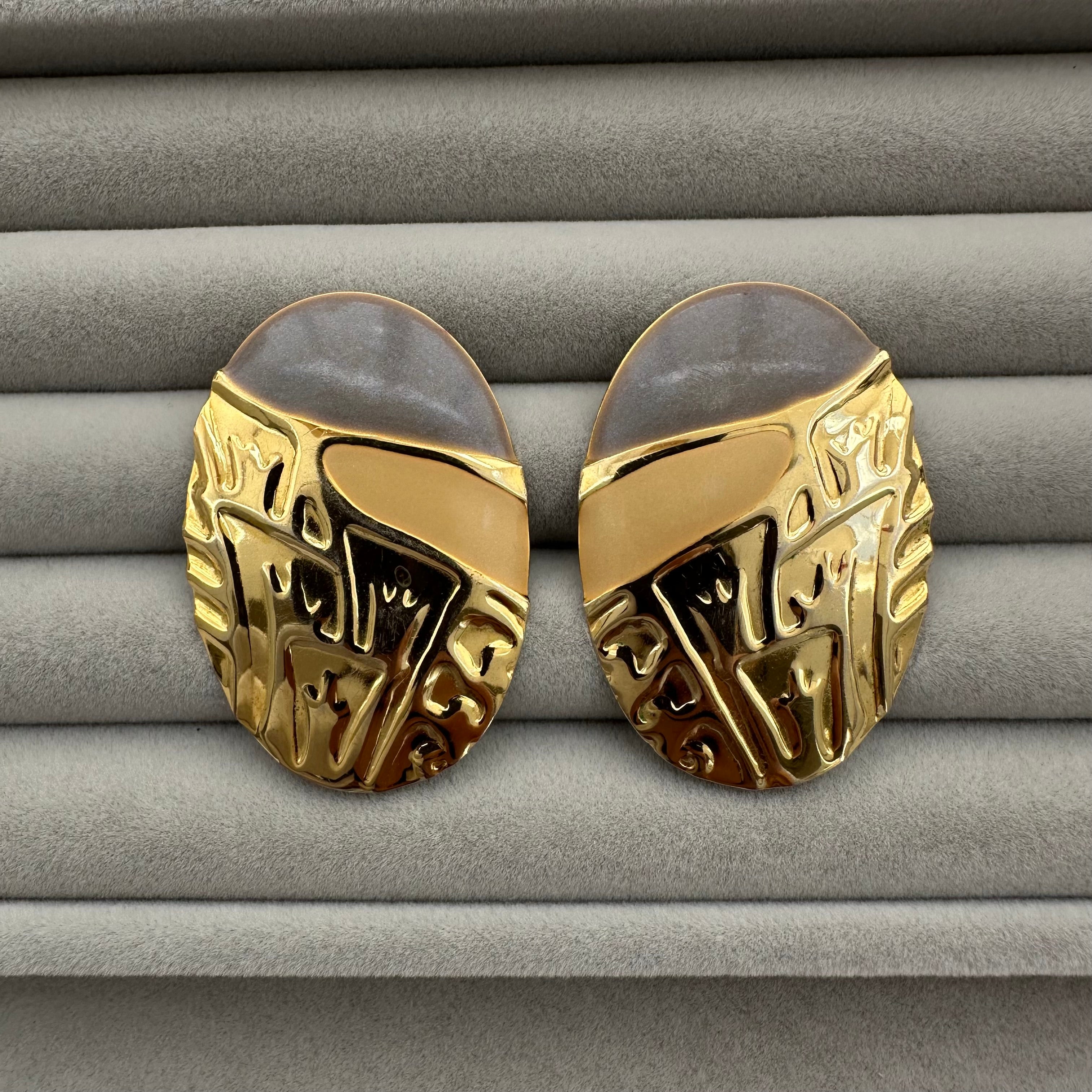 Vintage gold tone and grey enamel oval stud earrings