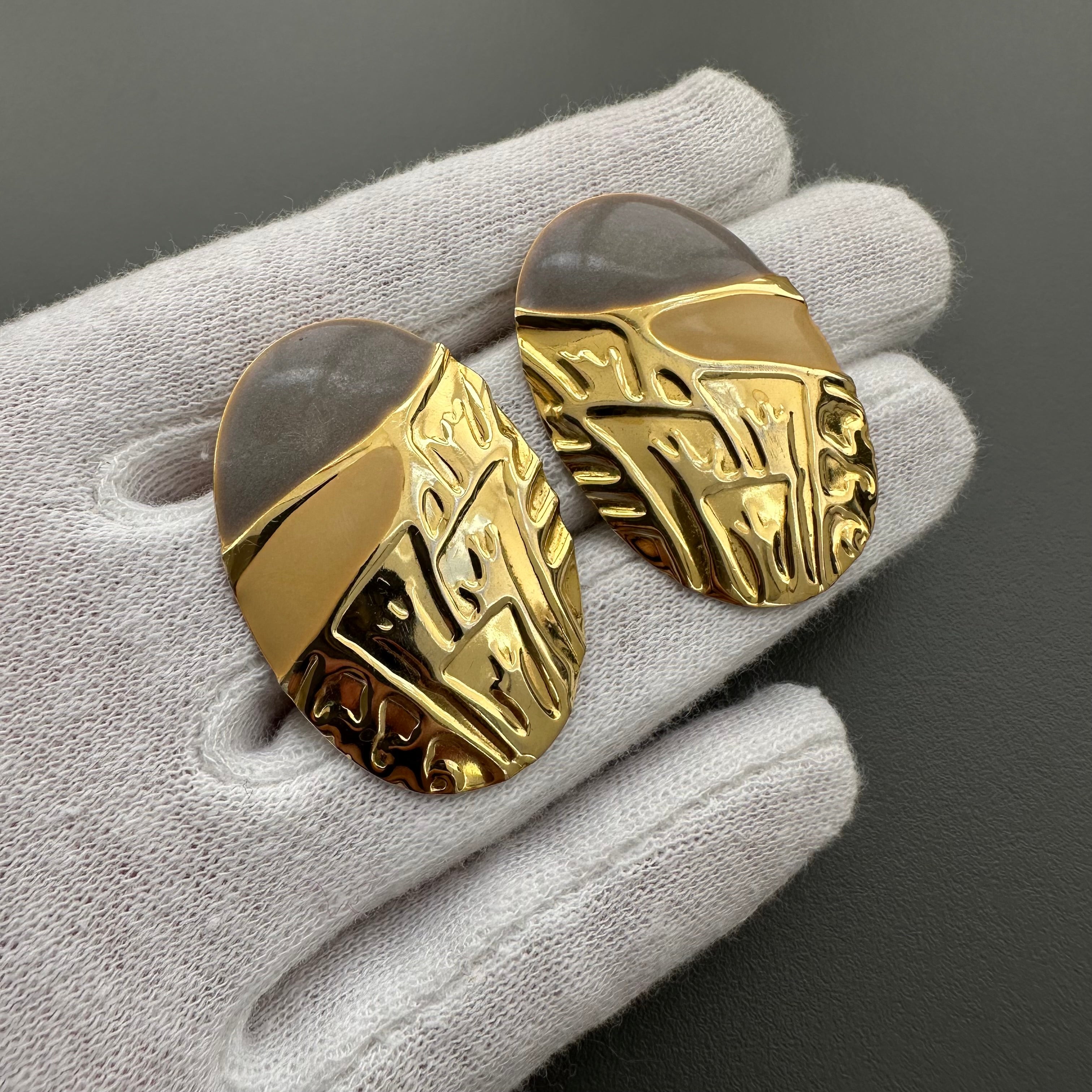 Vintage gold tone and grey enamel oval stud earrings